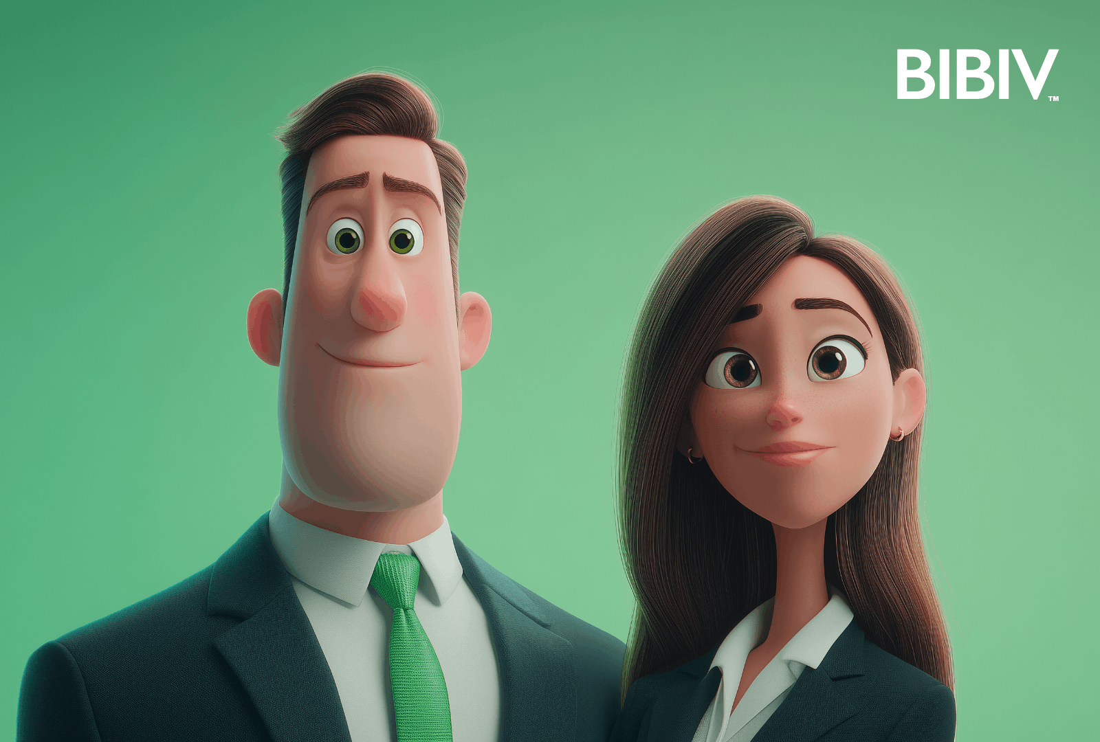 Animated man and woman in business attire with green background, smiling, with BIBIV logo in the top right corner.