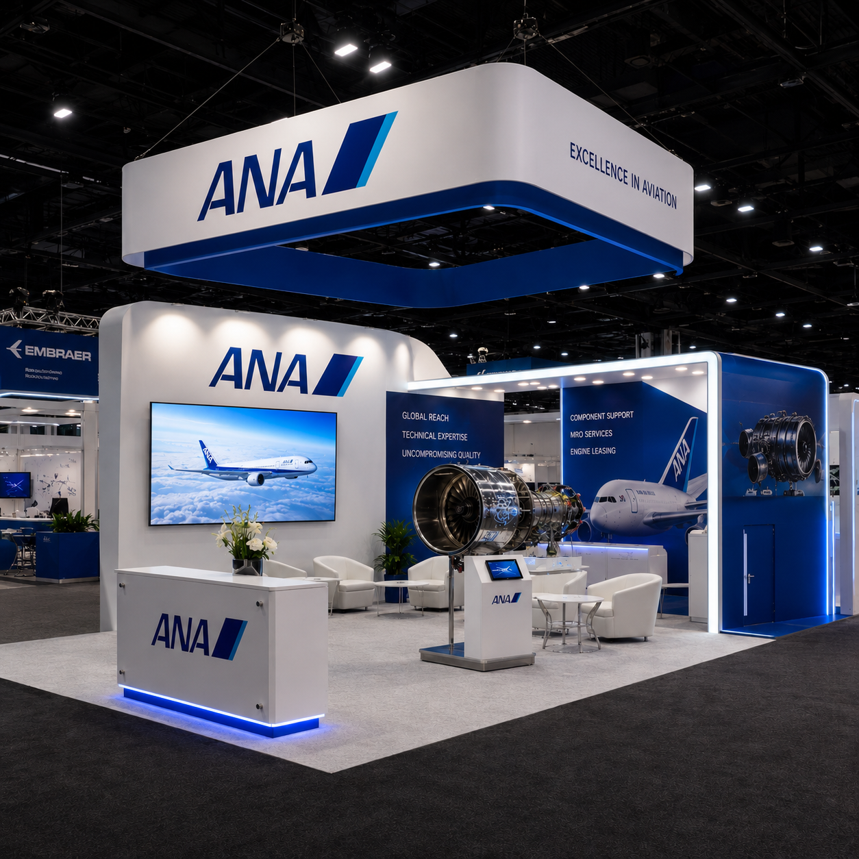 Trade show booth for ANA featuring an aircraft engine, a large monitor displaying an airplane, and seating area with chairs and plants, with blue and white branding.