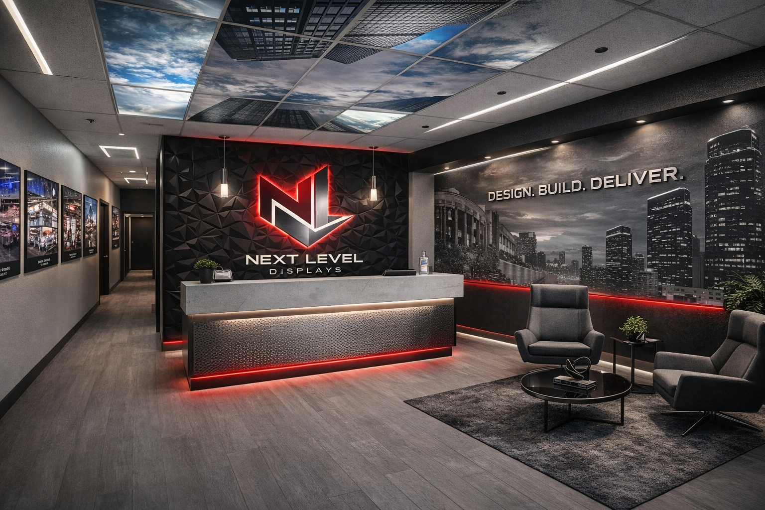 Modern office reception area with a concrete reception desk, black textured wall with neon logo, cityscape mural with the slogan 'Design. Build. Deliver.', sitting area with two gray armchairs, round black coffee table, and framed photos on the wall.