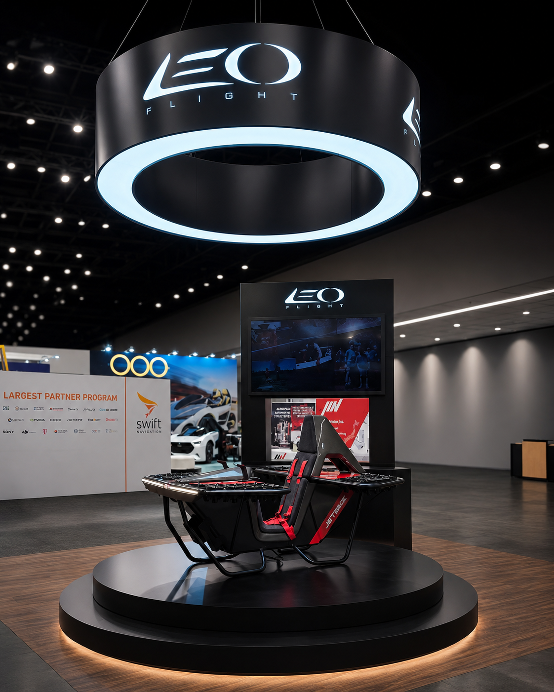 Exhibition booth for LEO Flight featuring a racing simulator seat with a steering wheel and multiple screens, suspended circular signage above with the LEO Flight logo, and a backdrop displaying car images at an indoor event.
