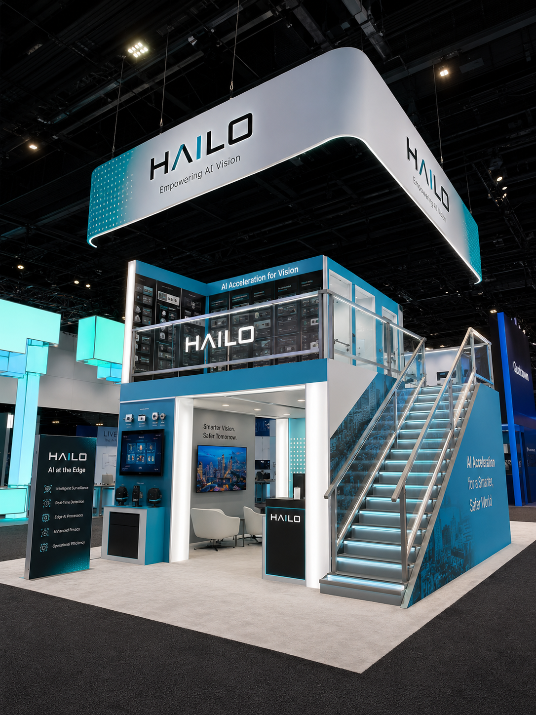 Exhibition booth for HALO focusing on AI technology with signage reading 'Empowering AI Vision' and 'AI Acceleration for Vision', featuring display screens, informational panels, seating area, and a staircase leading to upper level.
