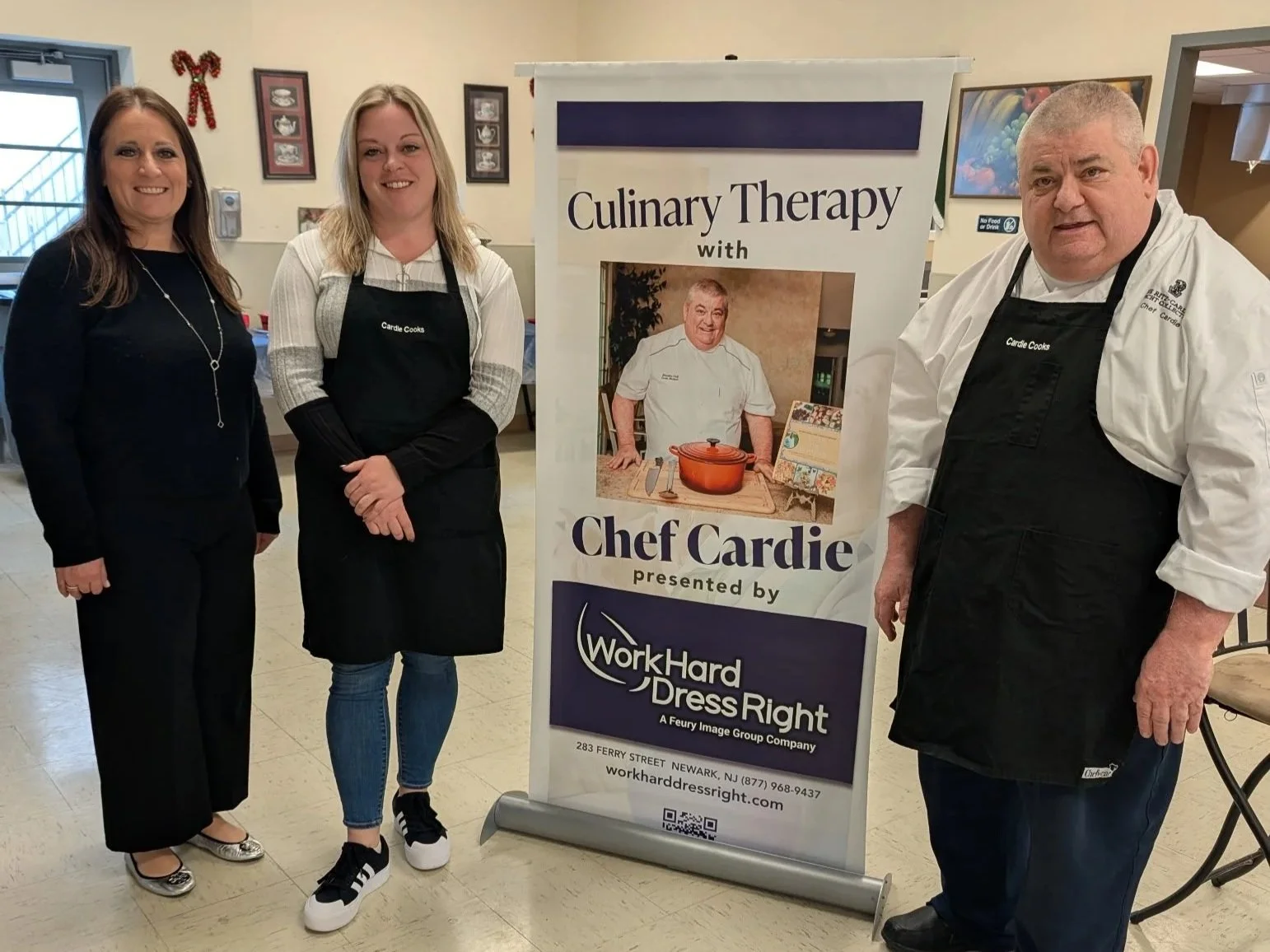L to R, Tricia from the Garfield, NJ senior activity center, and Julieanne Mathews, who assists Executive Chef Cardie Mortimer as he hosts his Culinary Therapy presentations, presented by Work Hard Dress Right, a Feury Image Company, free of charge t