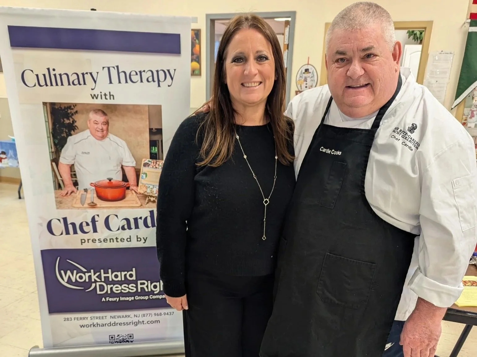 Tricia from the Garfield, NJ senior activity center with Executive Chef Cardie Mortimer, as he hosts his Culinary Therapy presentations, presented by Work Hard Dress Right, a Feury Image Company, free of charge to groups and organizations throughout 