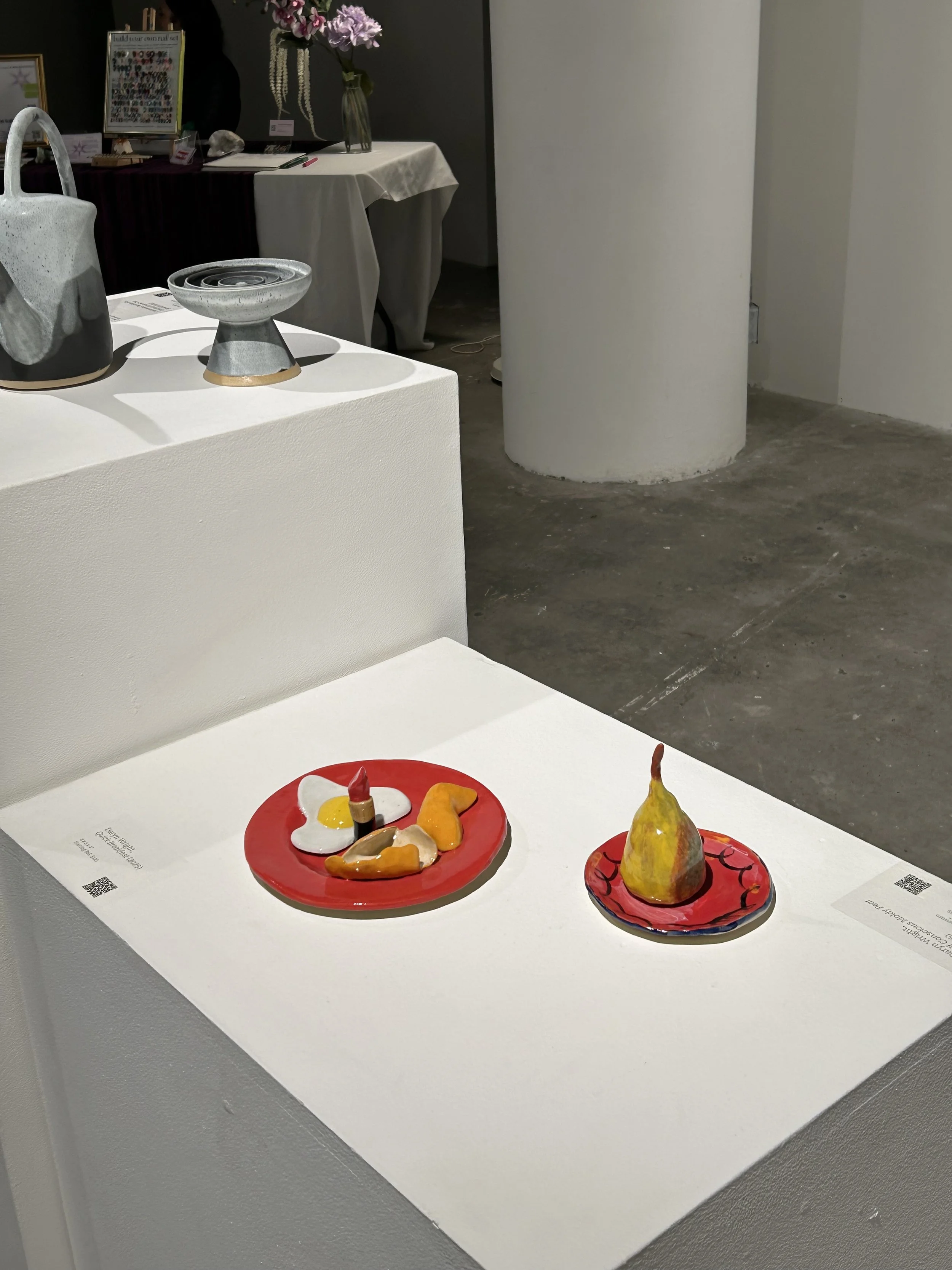 "Quick Breakfast" and "Self-Conscious Pear," Install View at Creator's Harvest, Centre A (Vancouver, 2025) 