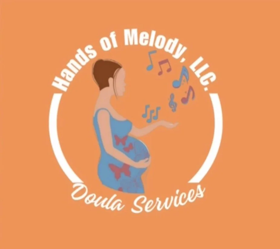 Hands of Melody Logo, text reads 'Hants of Melody LLC Doula Services' on an orange background.
