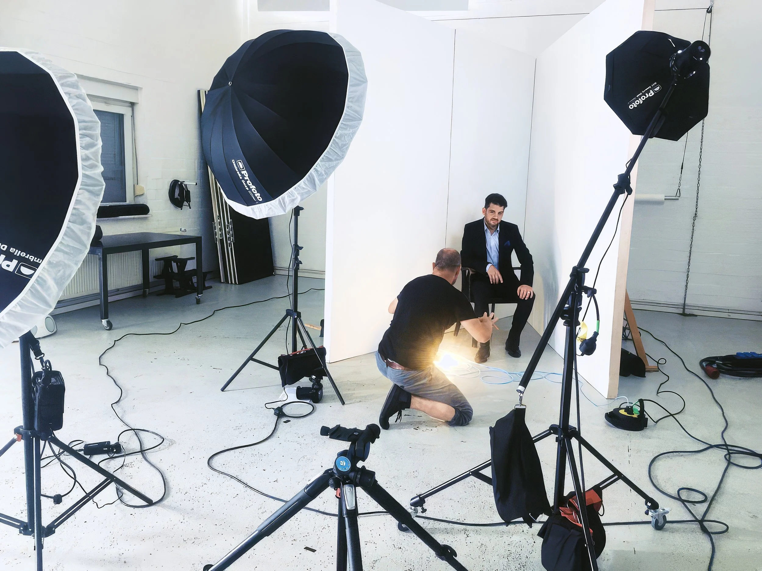 Fotostudio mit professioneller Beleuchtung und Kameras, in dem eine Person interviewt wird.