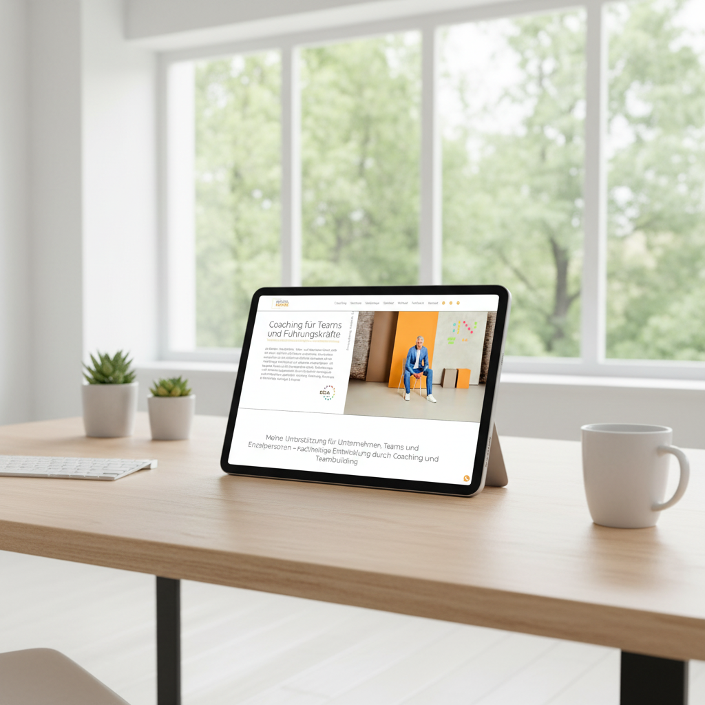 Ein Tablet auf einem holzfarbenen Tisch zeigt eine Webseite für Team- und Führungskräfte-Coaching. Im Hintergrund ein Büro mit Großfenstern und grünen Bäumen draußen.