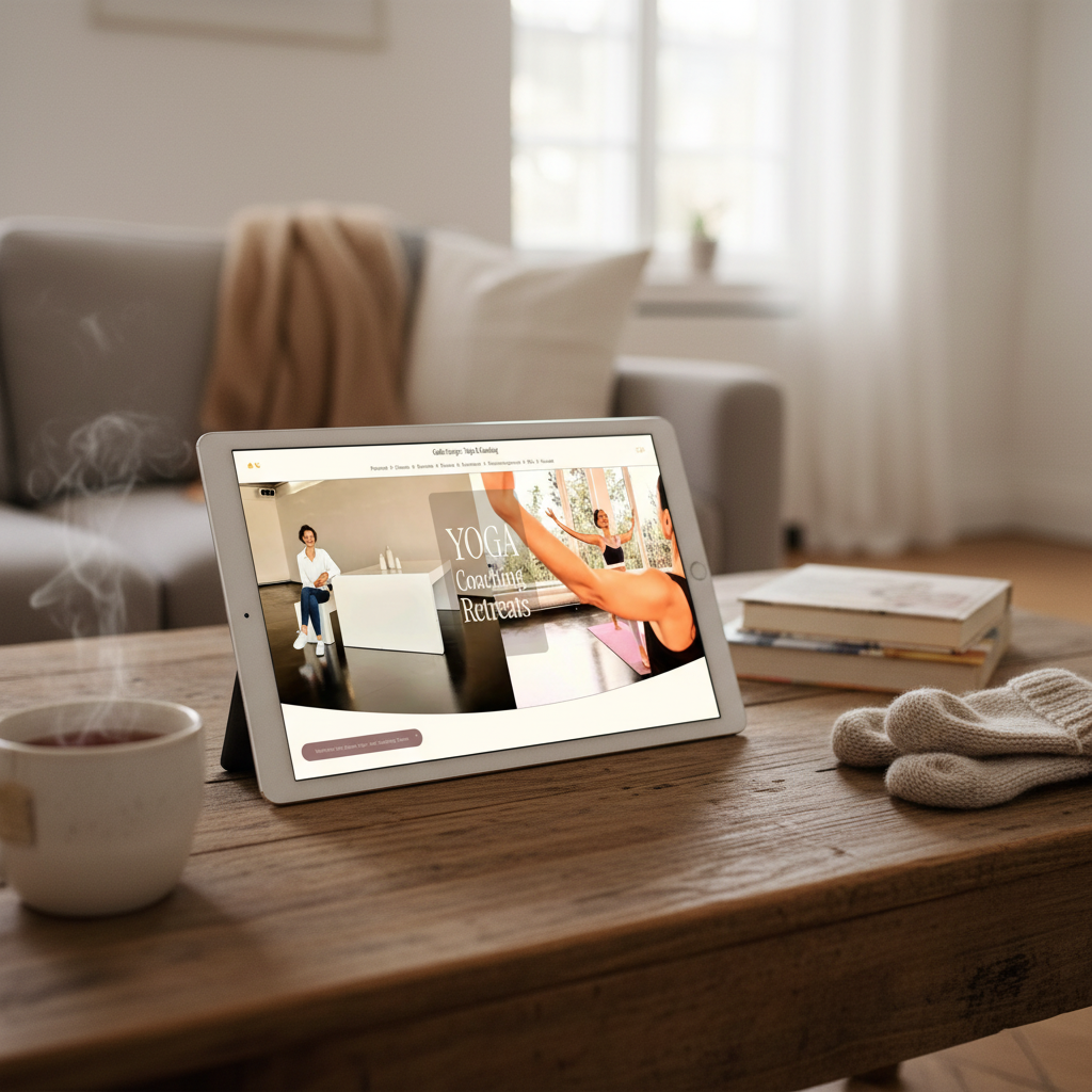 Tablet auf einem Holztisch zeigt eine Webseite zu Yoga, Coaching und Retreats, umgeben von einer Tasse Tee, einem Stapel Bücher und einem Paar Wollhandschuhe in einem gut beleuchteten Raum.