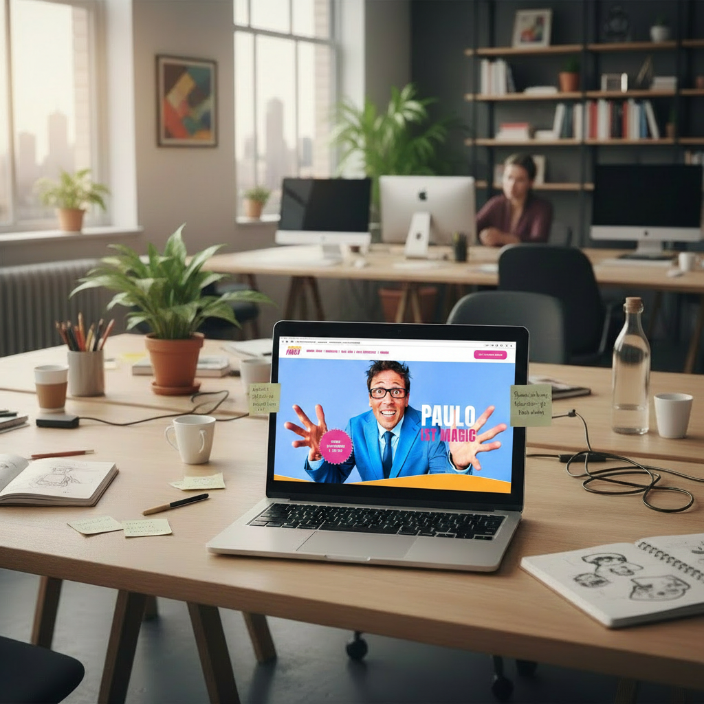 Ein moderner Büroarbeitsplatz mit einem Laptop, das eine Präsentation von Paulo zeigt, umgeben von Kaffeetassen, Post-its, einem Notizbuch und Stiften in einem gut beleuchteten Raum mit Pflanzen und Regalen im Hintergrund.