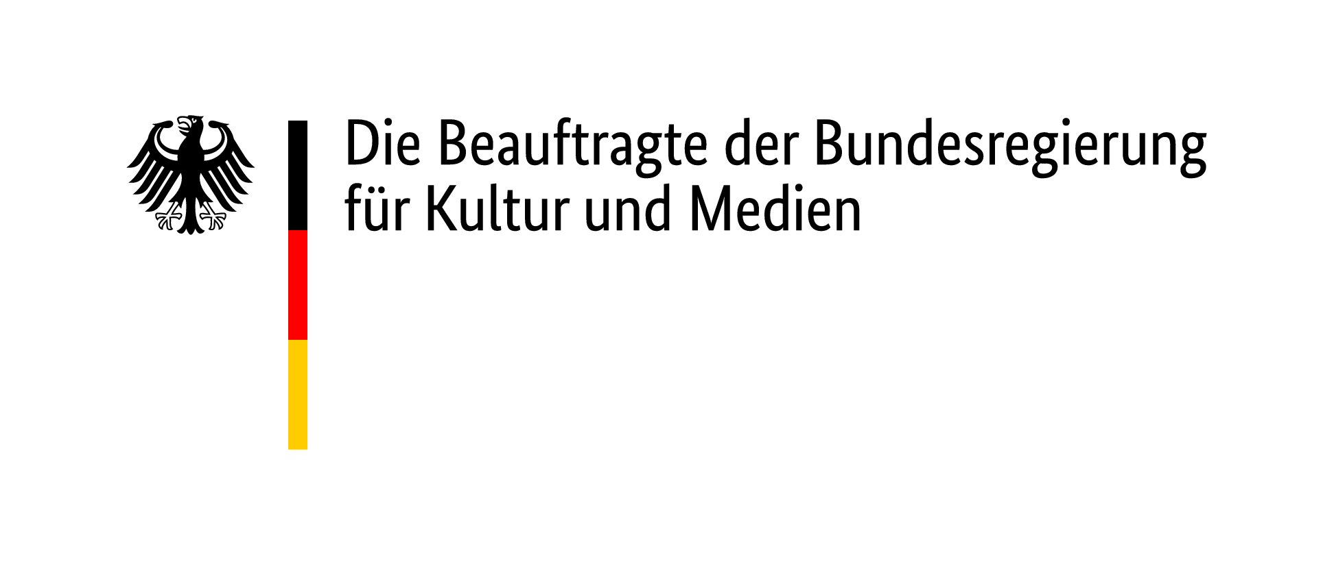 Logo der Bundesbeauftragten der Bundesregierung für Kultur und Medien mit schwarzem Adler, deutschem Fahnenfarbenstreifen und schwarzem Text