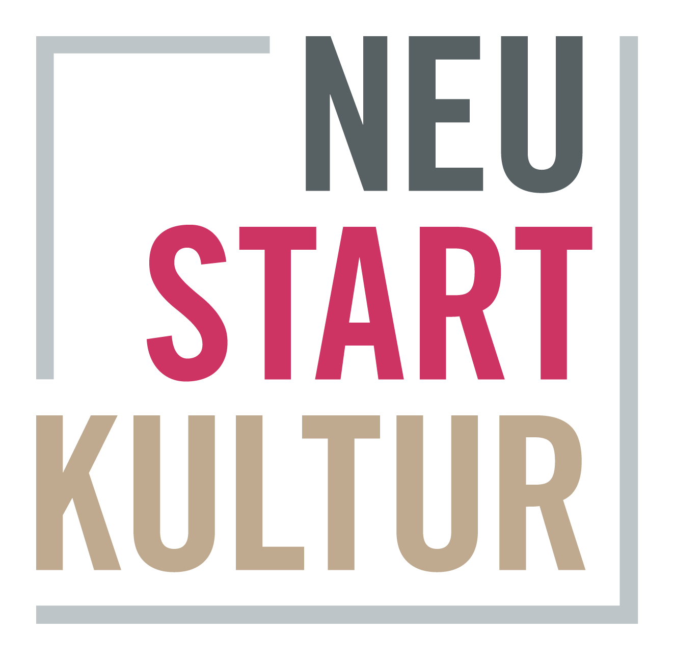 Grafik mit dem Text: 'NEU START KULTUR' in verschiedenen Farben und Schriftgrößen, eingerahmt durch eine graue Linie.