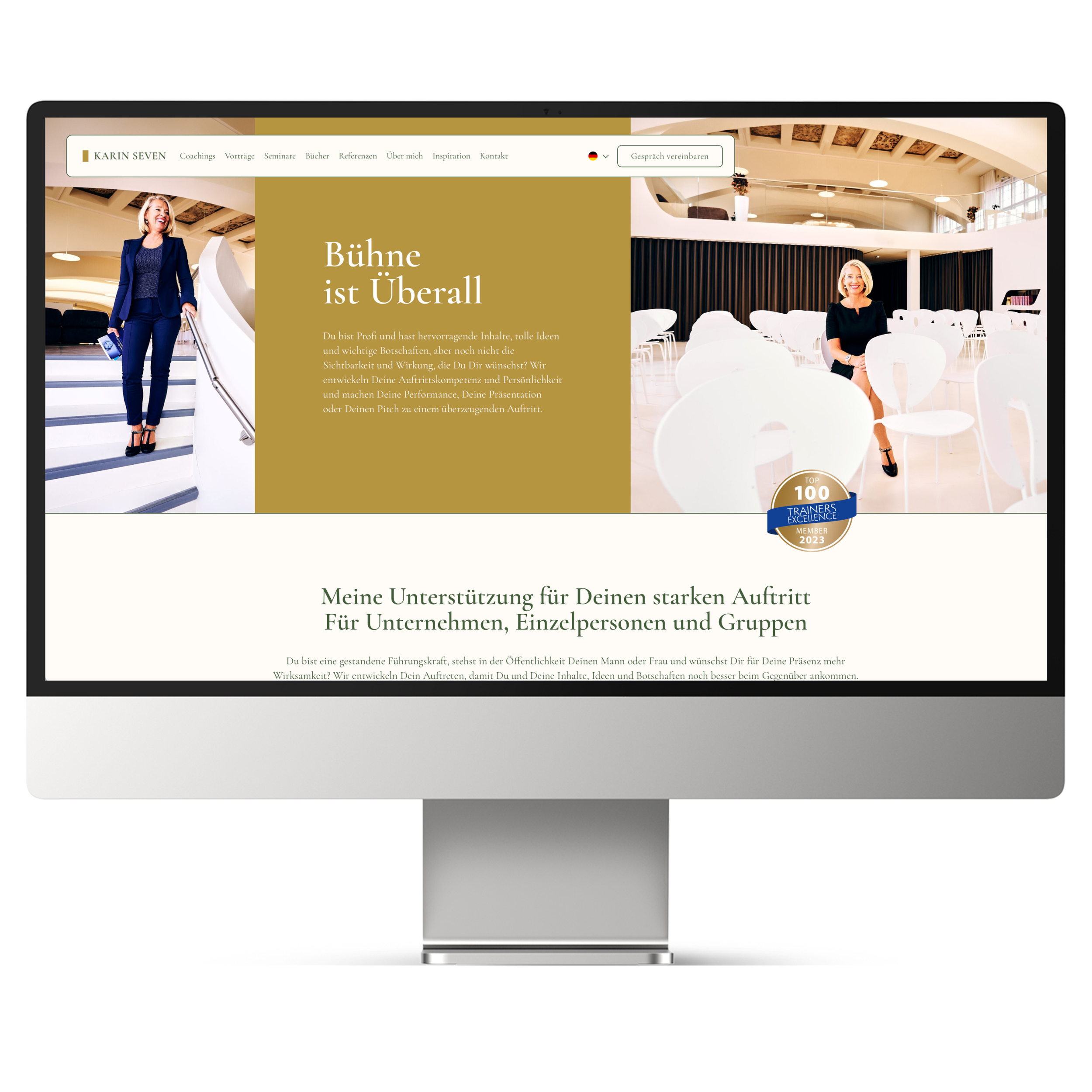 Screenshot einer Webseite, die eine Coachings- oder Beratungsdienstleistung für professionelle Auftritte und Präsentationen bewirbt.