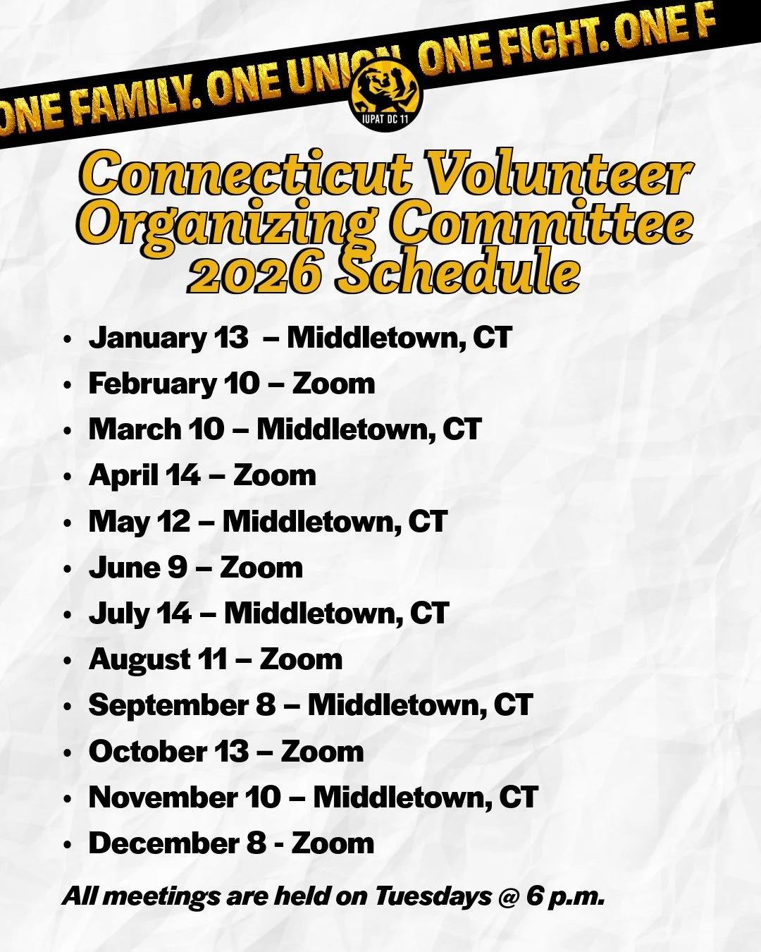 Your VOC schedule for 2026 👊

For our Connecticut members, we have a full year of meetings to gather, inspire, organize, and create change. 

We hope you join us in creating the future of your Union. 

Next Rhode Island VOC will be February 26 @ 6 p