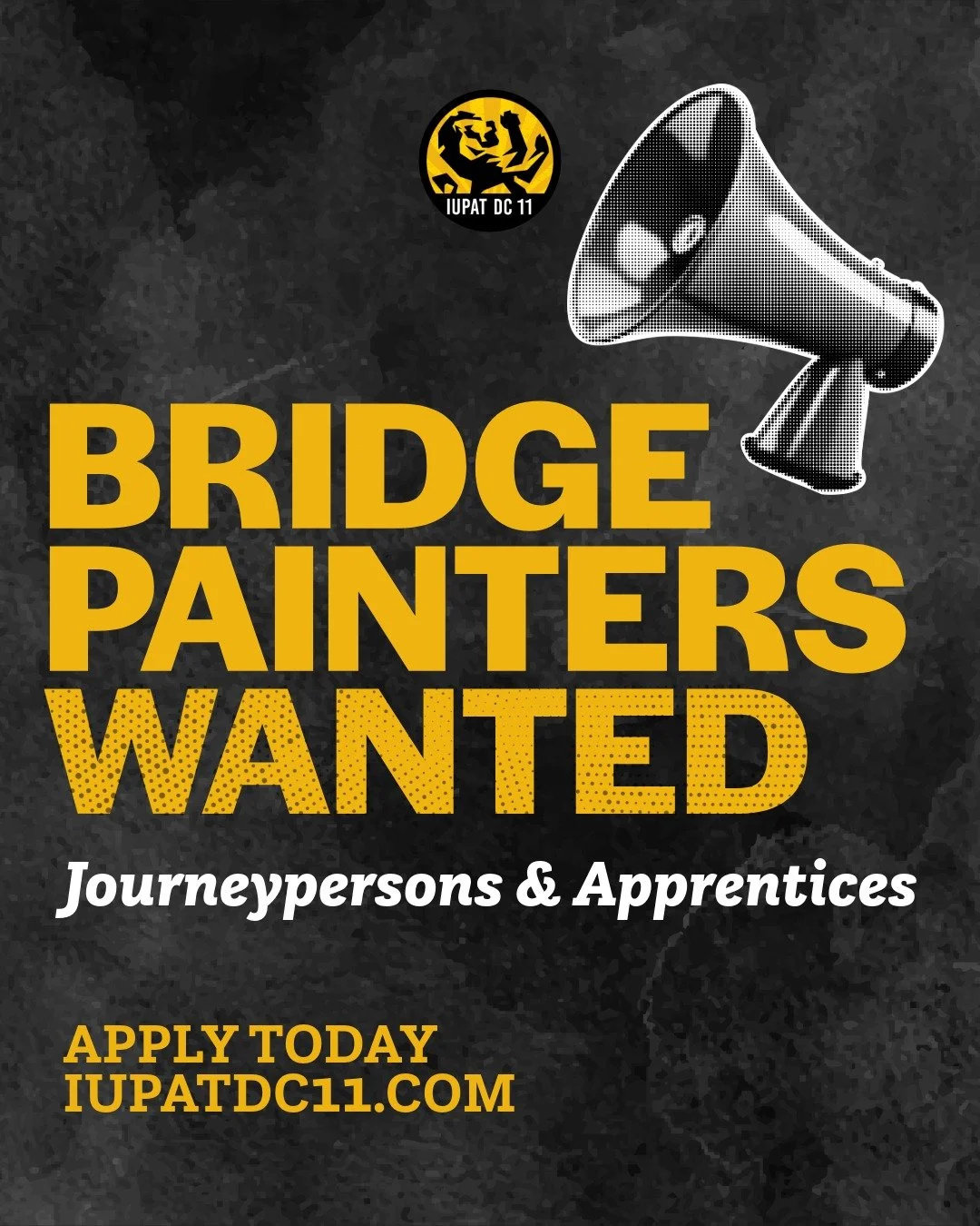 BRIDGE PAINTERS WANTED!

DC 11 is looking for journeypersons ready to work and apprentices ready to learn.

This is skilled, essential work that keeps our infrastructure standing. And it pays what skilled work should pay.

✊ Union wages
✊ Full benefi