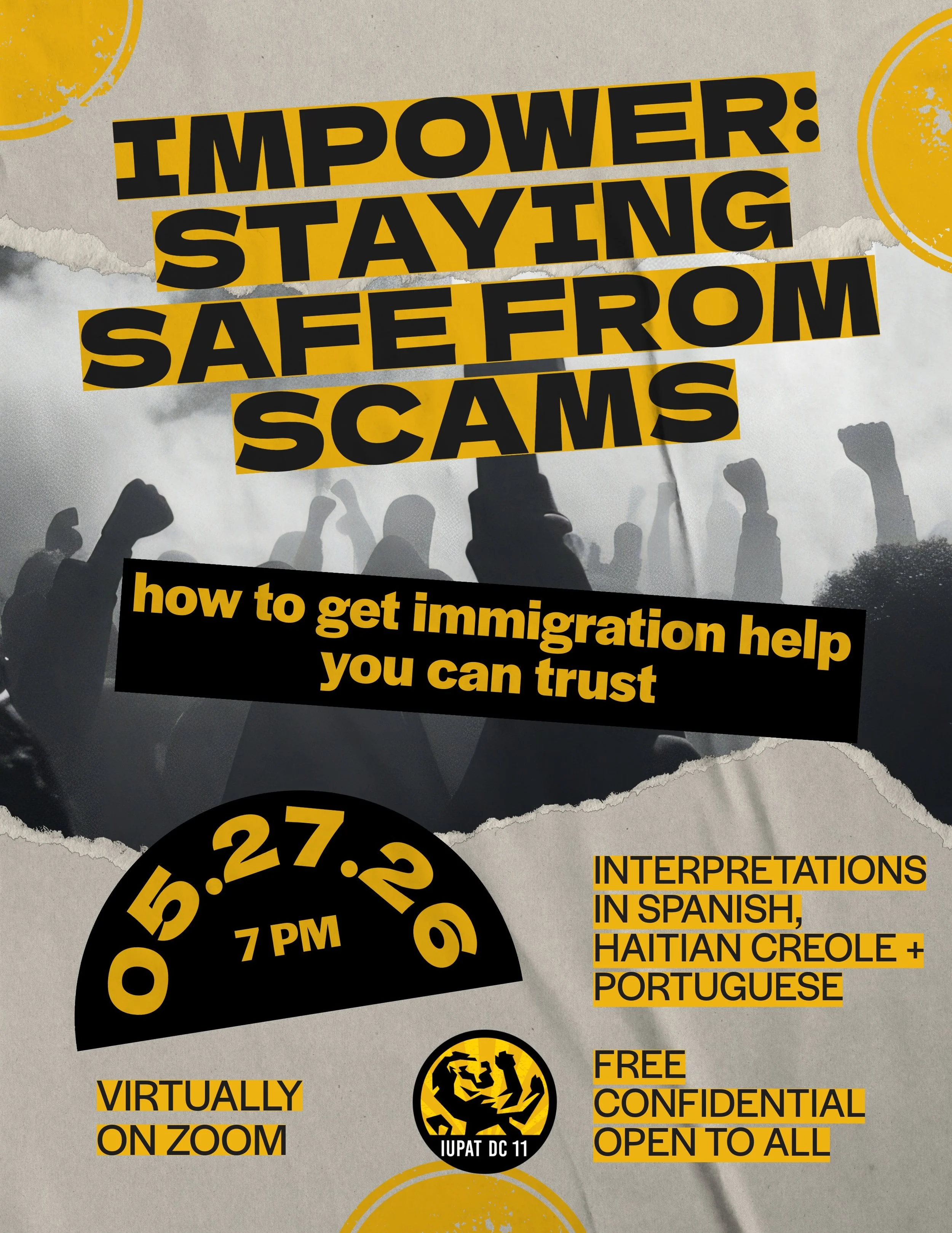 Know someone navigating the immigration system? This one's for them. 💜

Immigration scams target our communities every day and our union family deserves better.

Join IUPAT's IMPOWER virtual workshop, Staying Safe from Scams: How to Get Immigration 