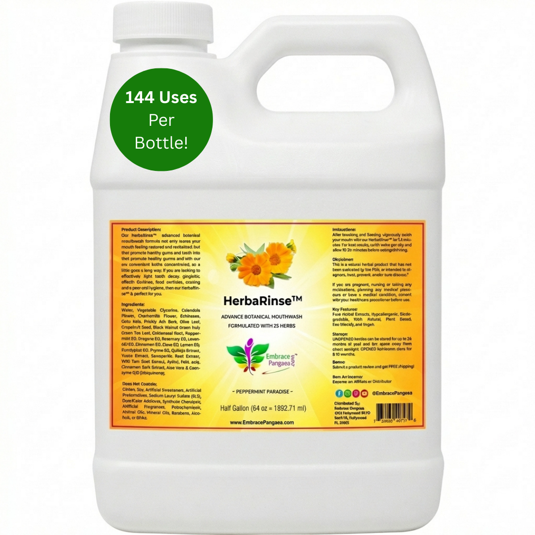 *144 Uses In New BIG Half Gallon* HerbaRinse™ Botanical Mouthwash Formulated w/ 25 Herbs **Destroy Morning Breath** + FREE Tongue Scraper (BONUS)
