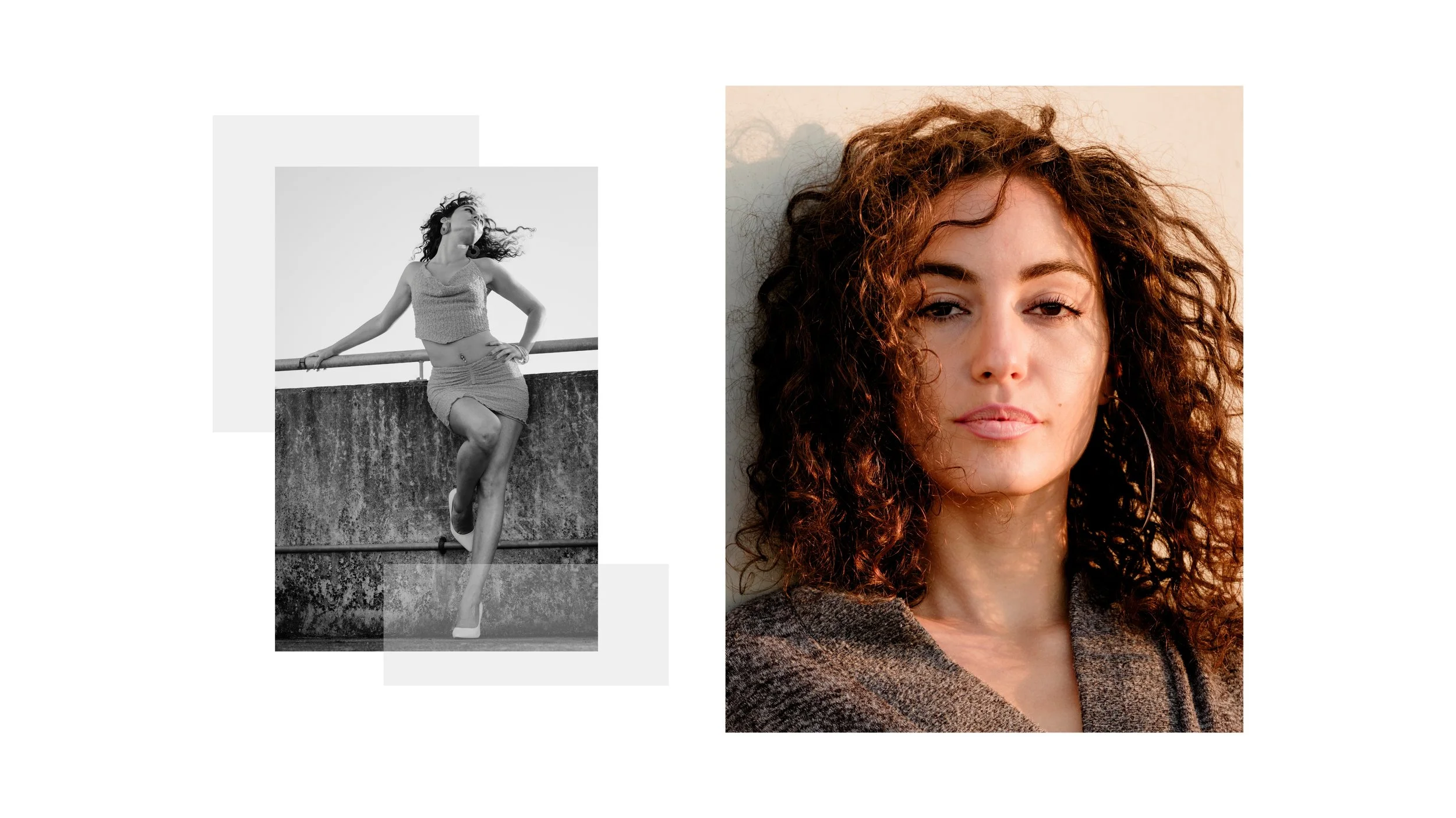 Fashion editorial photography — woman with curly hair posing outdoors in urban setting, close-up portrait and black-and-white full-body shot against concrete railing.