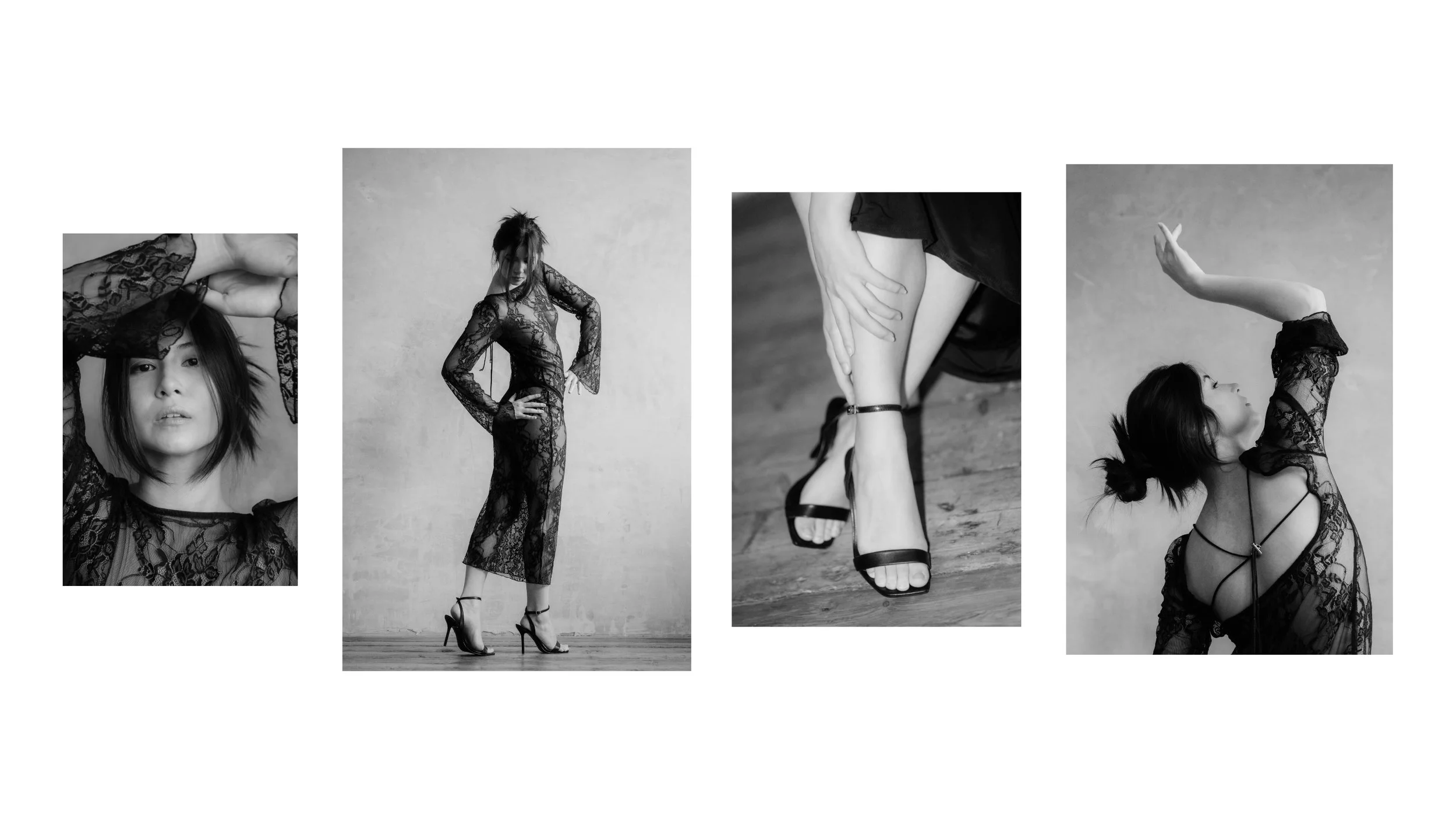 A woman wearing a long black lace dress poses in a series of black and white fashion photographs, including close-ups of her face and hands, full-body movement shots, and details of her heels, creating an elegant editorial style.
