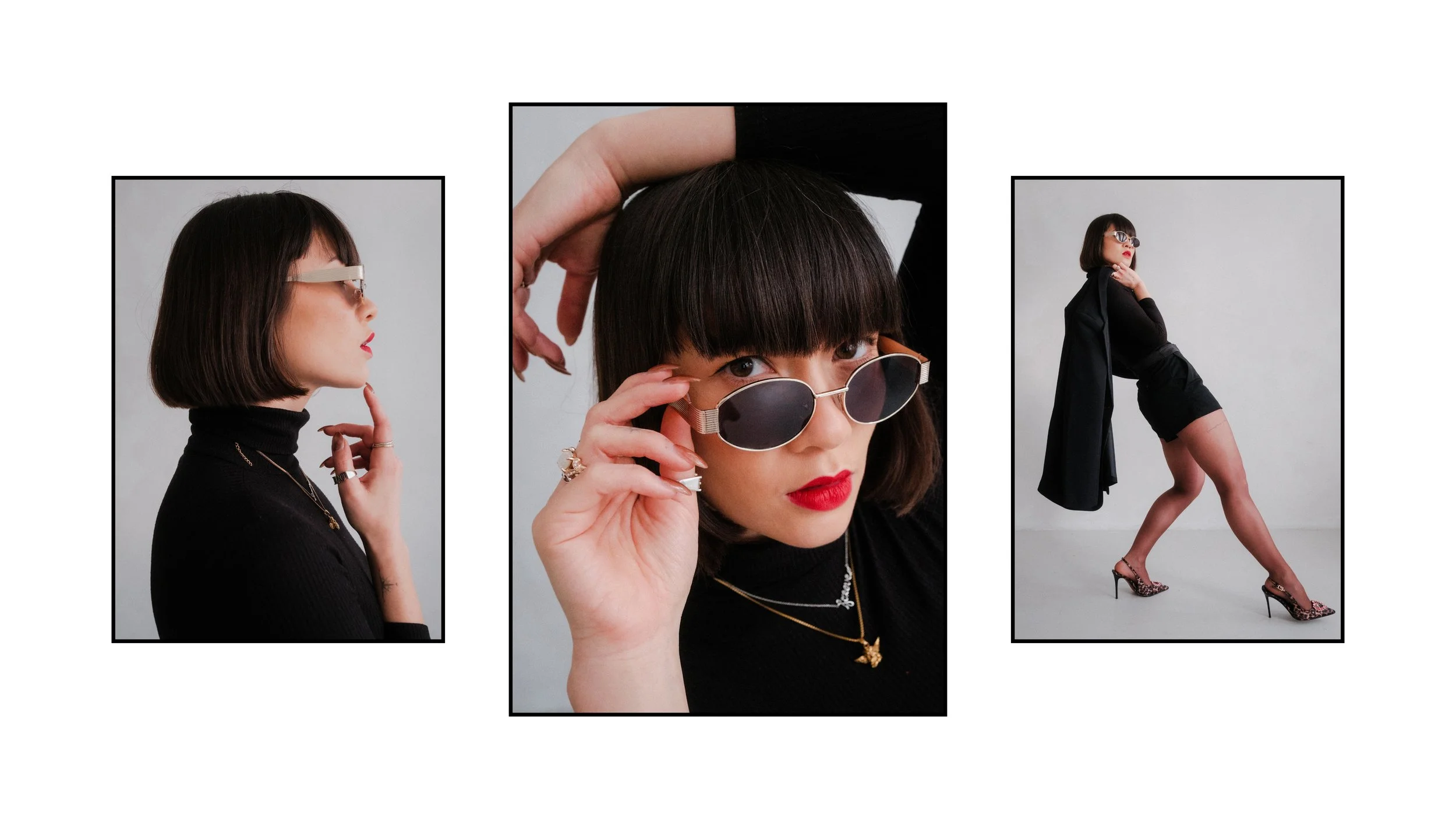 Studio fashion editorial featuring a model with a bob haircut wearing a black outfit and statement sunglasses, including profile, close-up, and full-length poses that highlight bold styling, red lipstick and high heels against minimalist backdrop.
