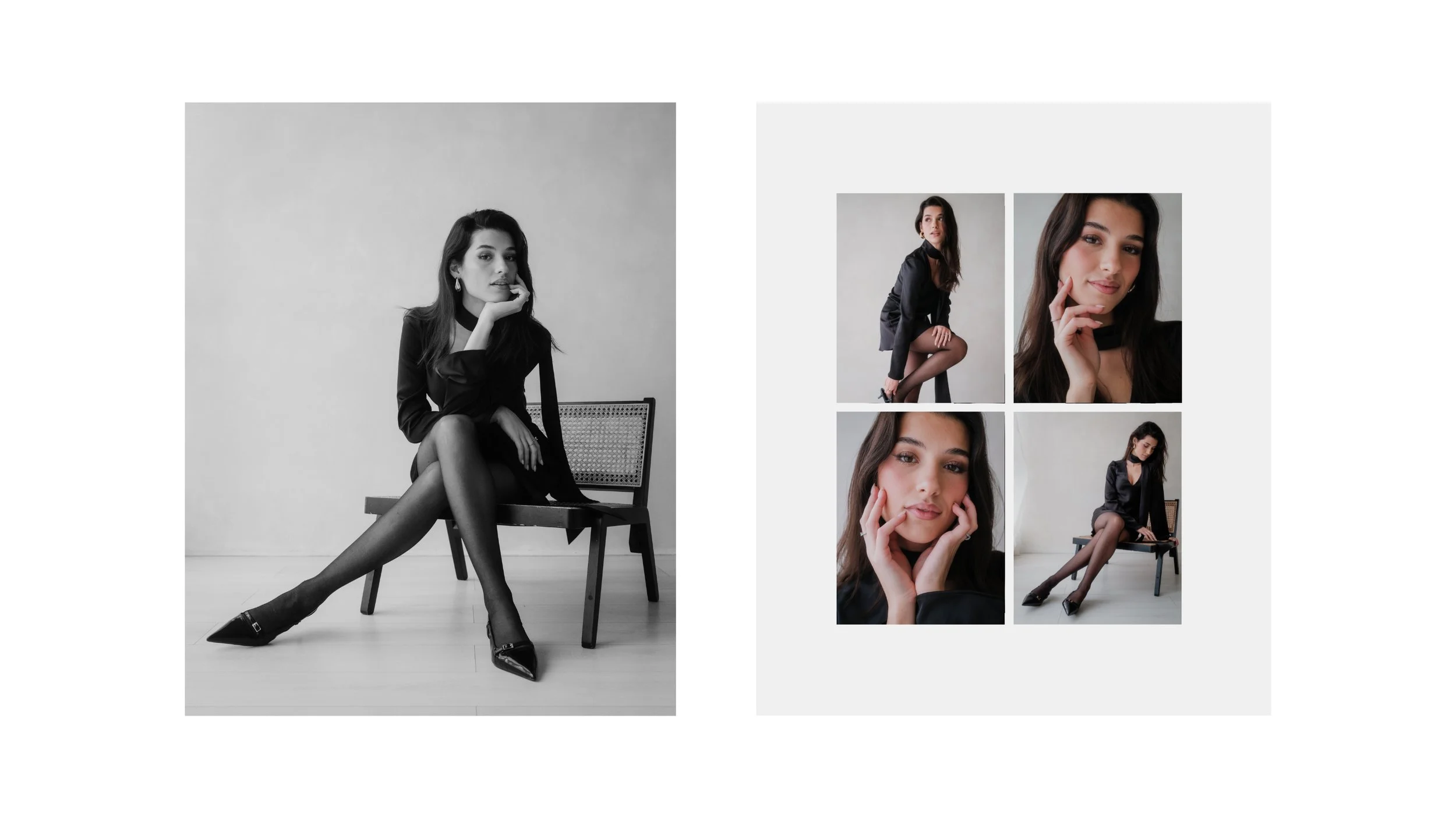 Black and white fashion portrait of a woman wearing a tailored black outfit and heels, seated on a chair in a minimalist studio, accompanied by a grid of close-up and full-body editorial portraits showcasing refined styling and expression.