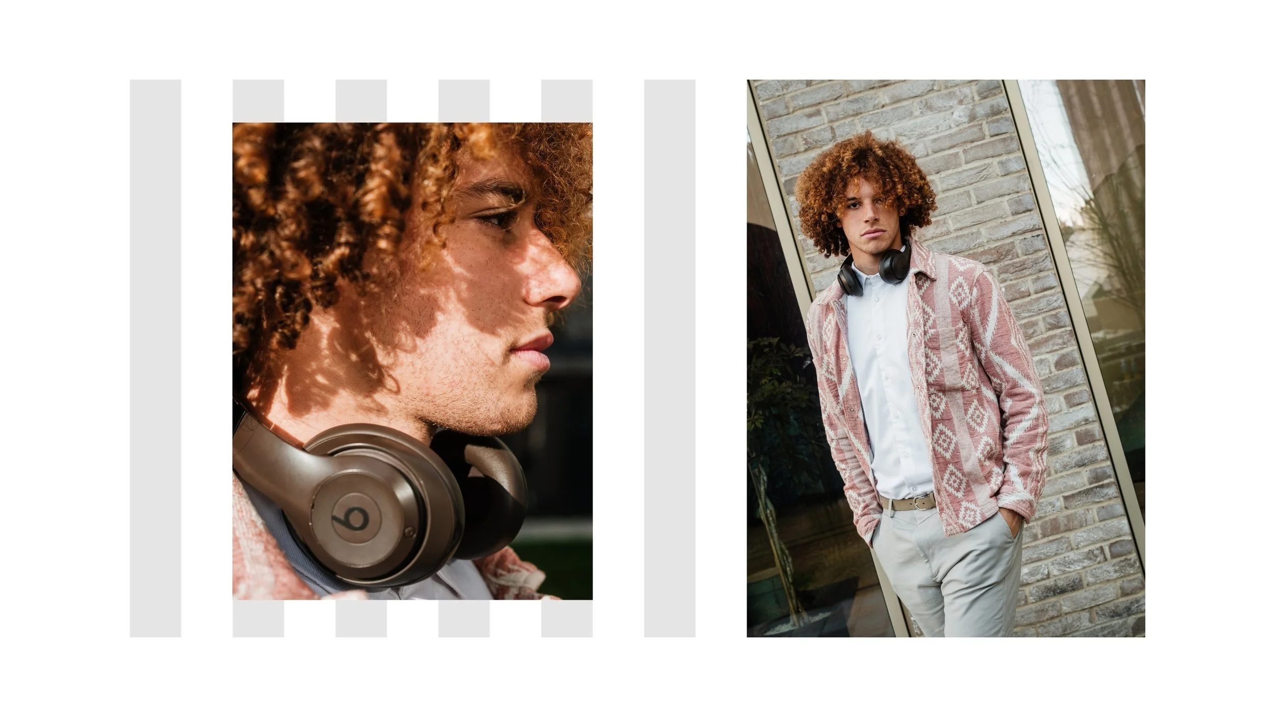 Editorial fashion portrait of a male model with curly hair wearing a patterned jacket and headphones, shown in a close-up profile with dappled sunlight and a full-length outdoor portrait against a brick wall, highlighting relaxed menswear styling.