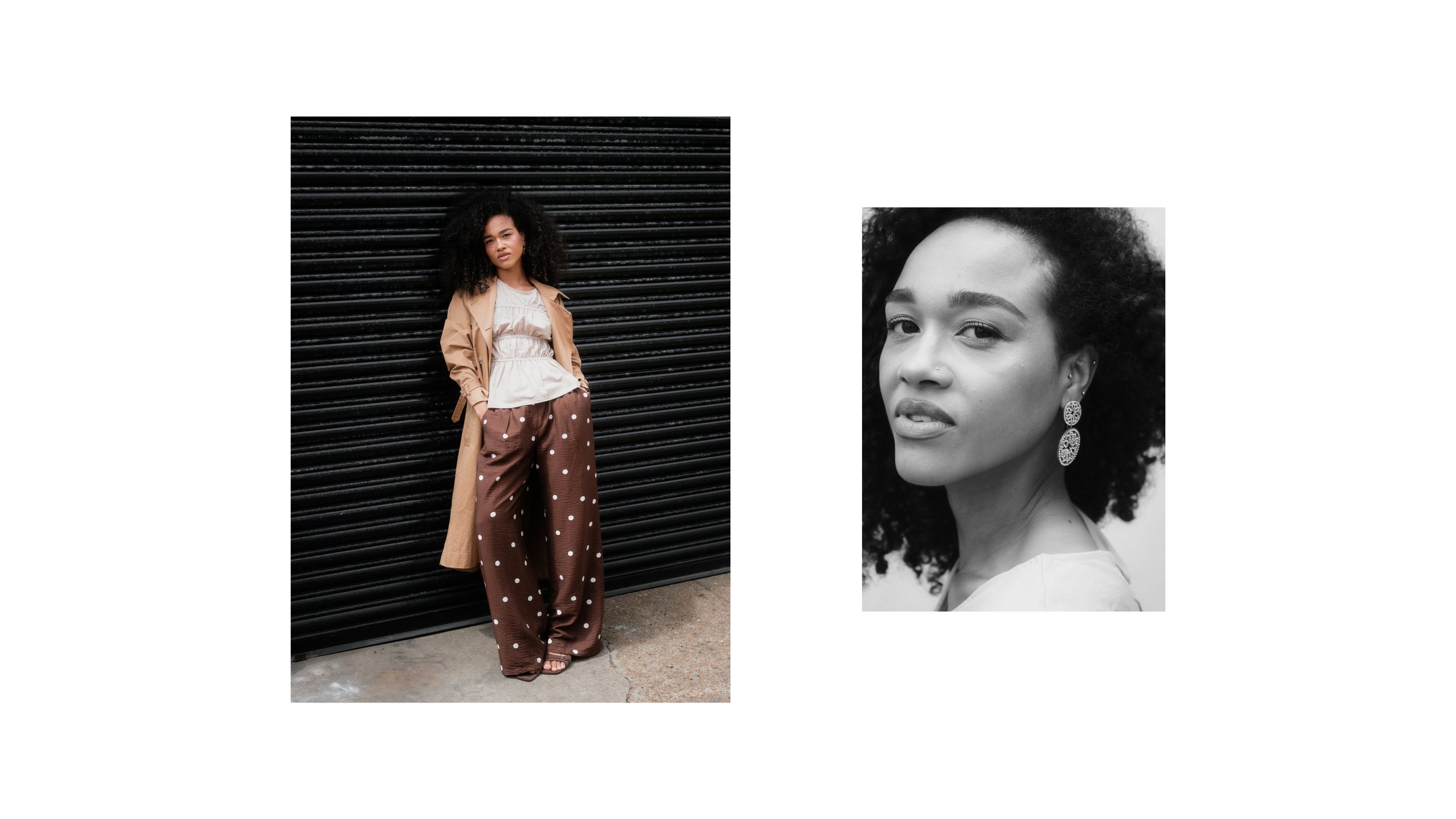 Editorial fashion photography featuring a female model with natural curly hair in a black and white beauty portrait and a full-length street style portrait wearing a trench coat, cream blouse and polka dot trousers.