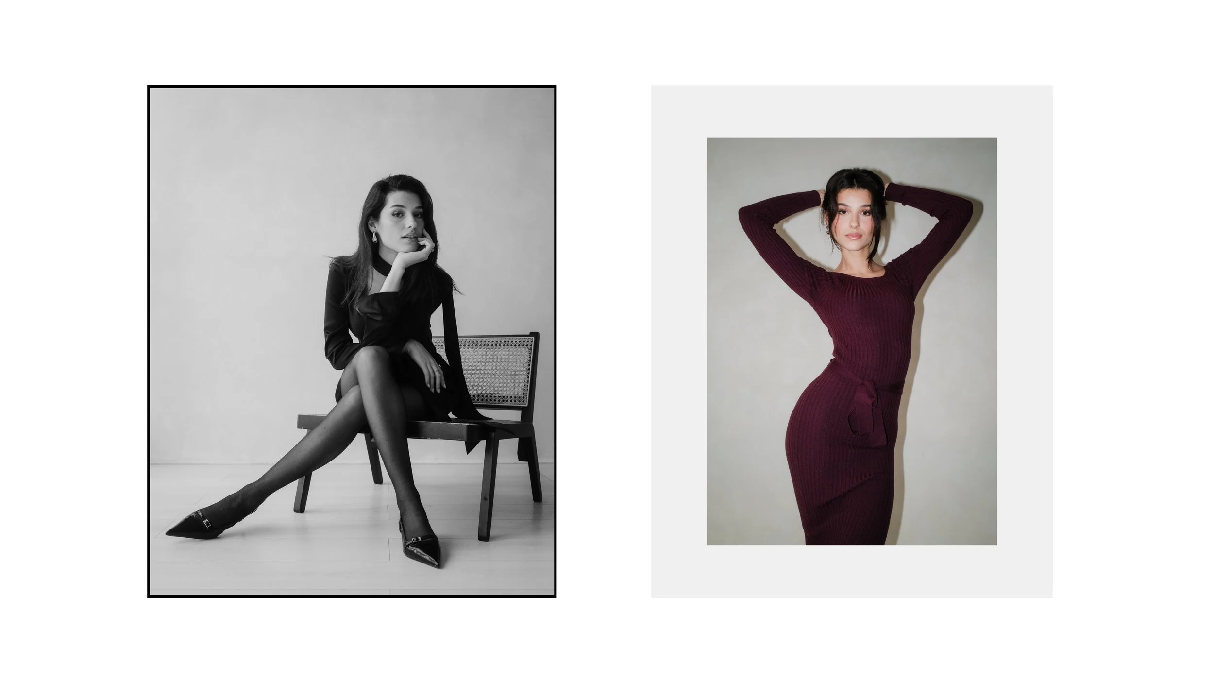 Editorial fashion photography featuring a female model in two minimalist studio portraits: a black and white seated portrait in an elegant black outfit, and a colour portrait wearing a fitted burgundy knit dress photographed with direct flash.
