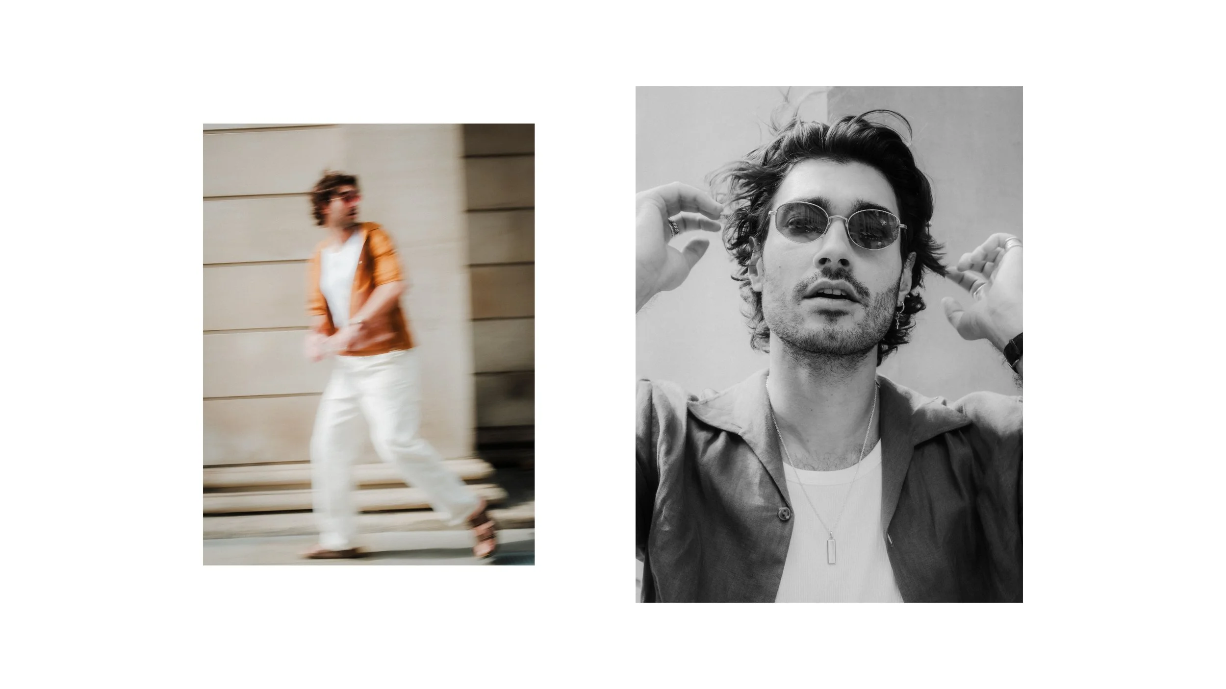 Men’s fashion editorial featuring a male model in relaxed contemporary clothing, with a blurred motion shot and black and white portrait