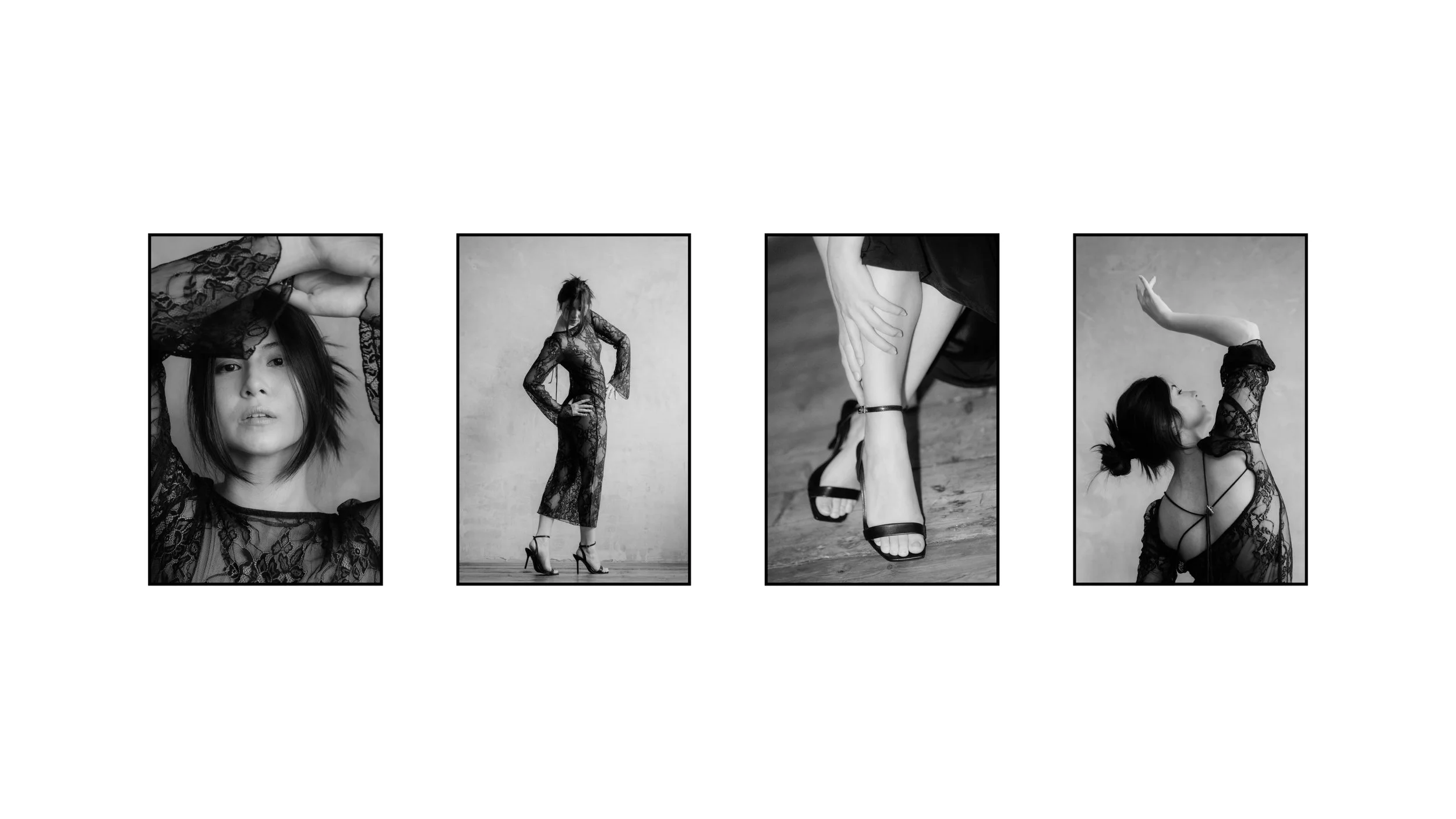 A woman wearing a long black lace dress poses in a series of black and white fashion photographs, including close-ups of her face and hands, full-body movement shots, and details of her heels, creating an elegant editorial style.