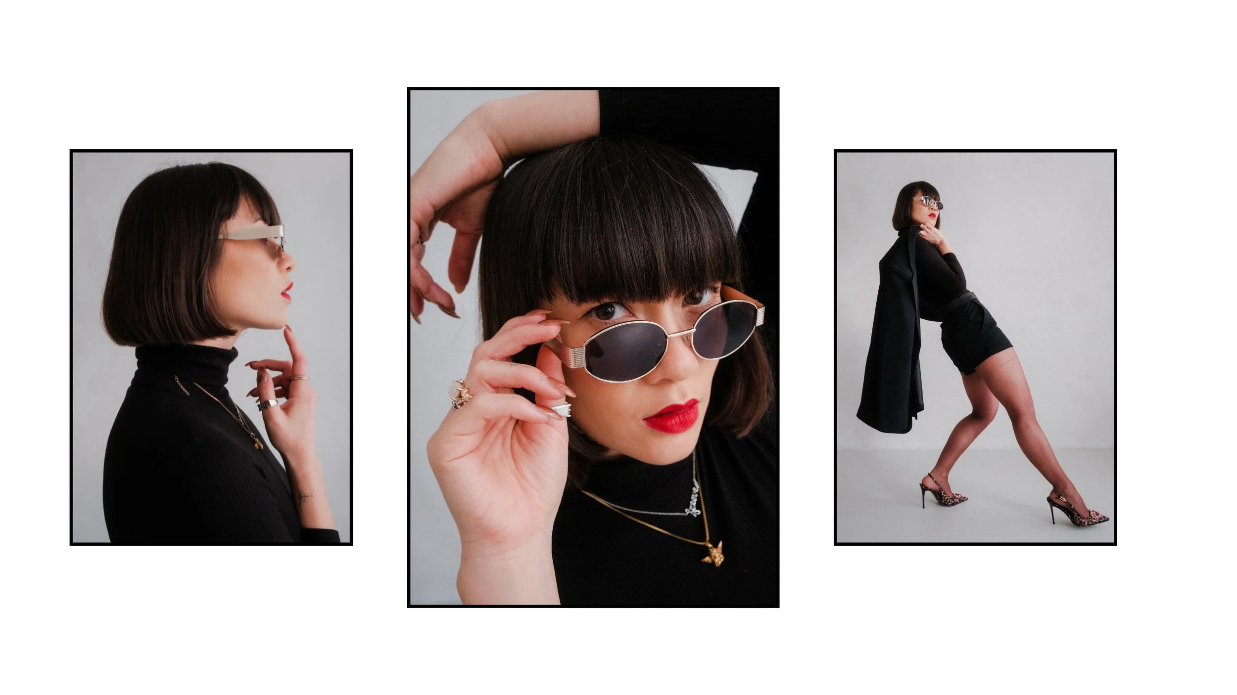 Studio fashion editorial featuring a model with a bob haircut wearing a black outfit and statement sunglasses, including profile, close-up, and full-length poses that highlight bold styling, red lipstick and high heels against minimalist backdrop.
