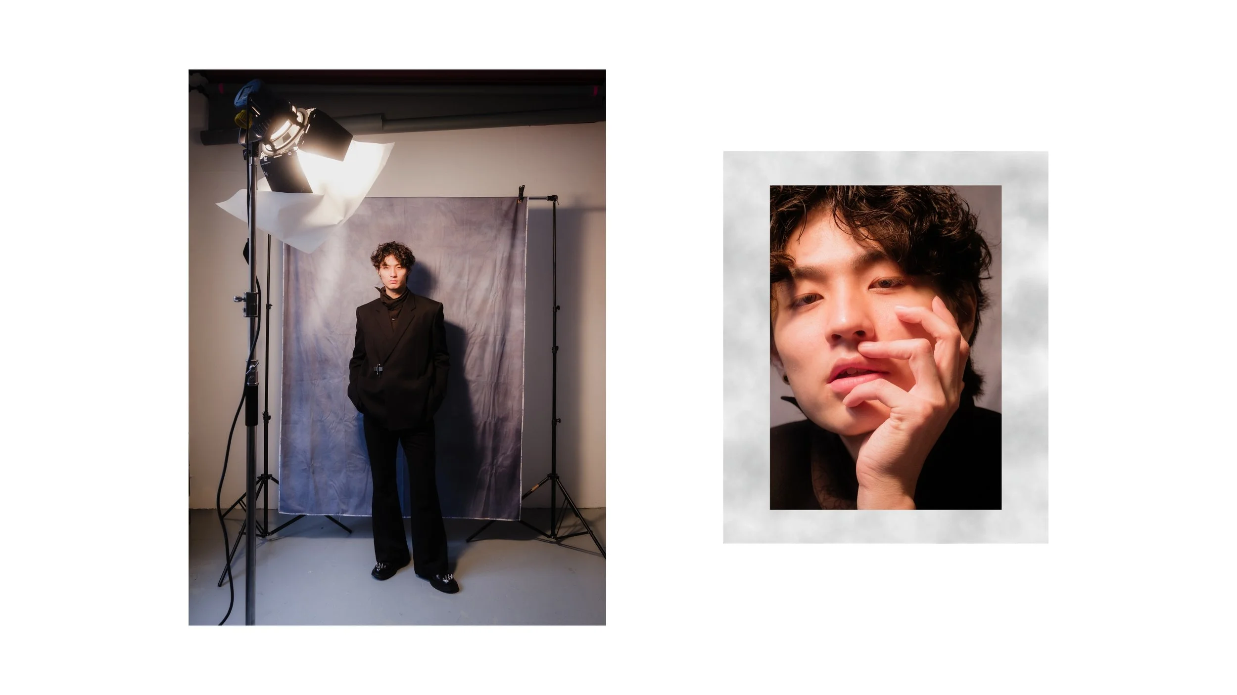 Studio fashion editorial showing a model wearing a black tailored suit, photographed against a textured backdrop with visible studio lighting, alongside a close-up portrait highlighting natural skin tones and expressive styling.