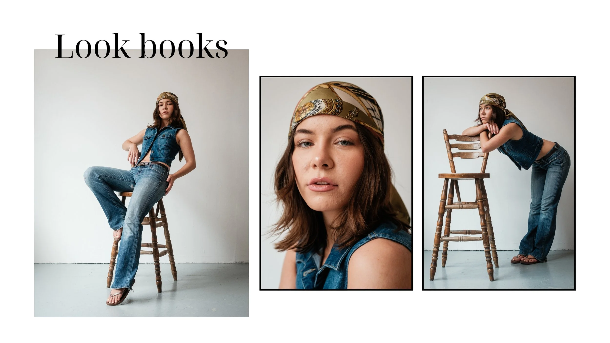 Editorial fashion lookbook layout featuring a model wearing a denim vest, jeans, and a patterned headscarf, posing on and around a wooden chair in a minimal studio setting.