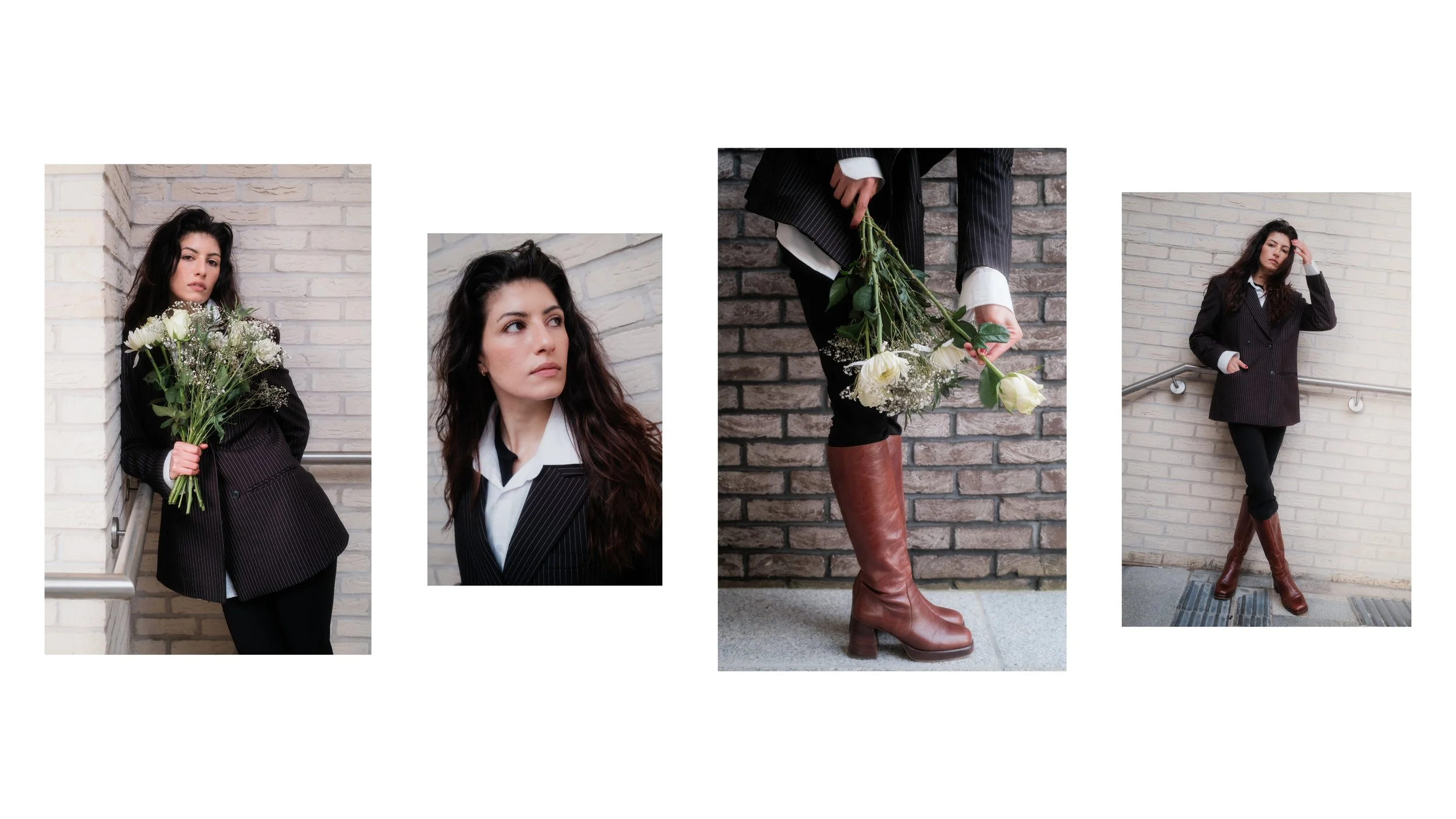 Outdoor fashion editorial featuring a model in a tailored dark blazer, white shirt, and brown leather boots, posing against a brick wall while holding a bouquet of flowers, with a mix of portrait and detail shots highlighting styling and texture.