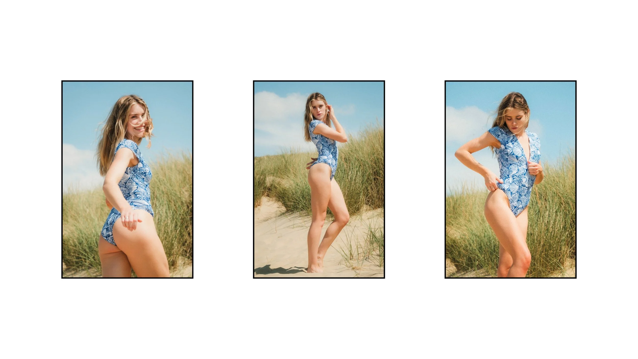 Lifestyle swimwear photography featuring a female model wearing a blue patterned one-piece swimsuit, photographed among sand dunes in bright natural sunlight with relaxed, editorial poses.