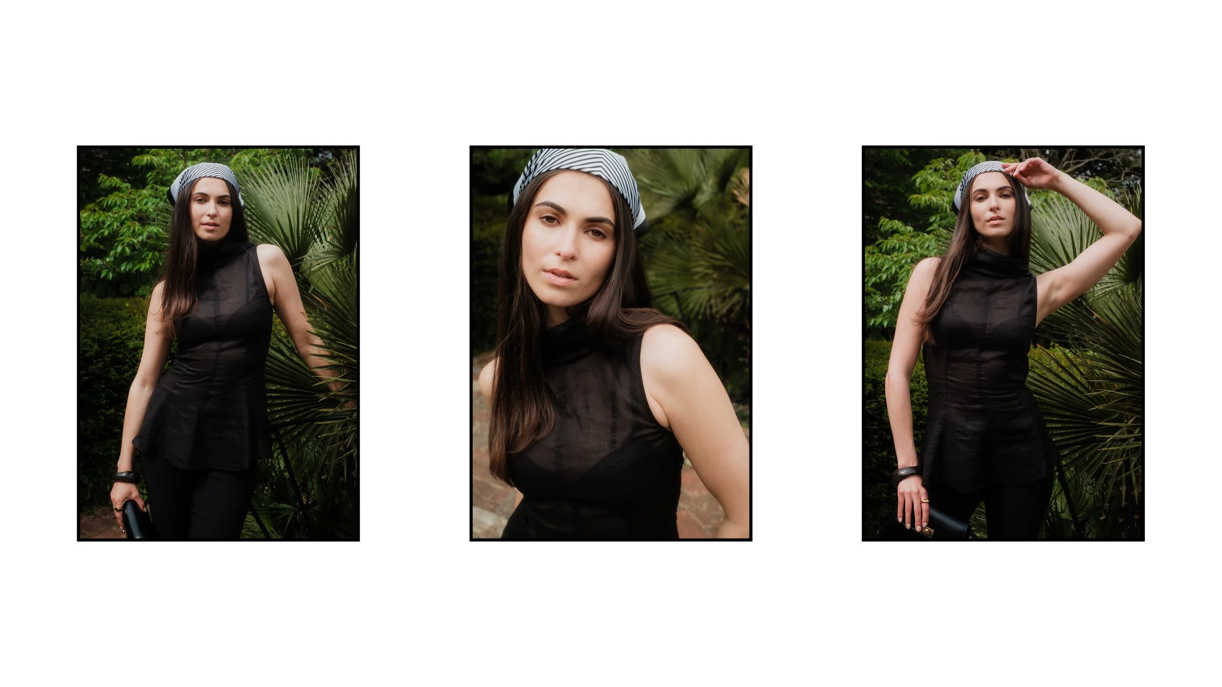Editorial fashion portraits of a woman wearing a black sheer sleeveless top and striped headscarf, photographed in a lush garden setting with natural light and contemporary styling.