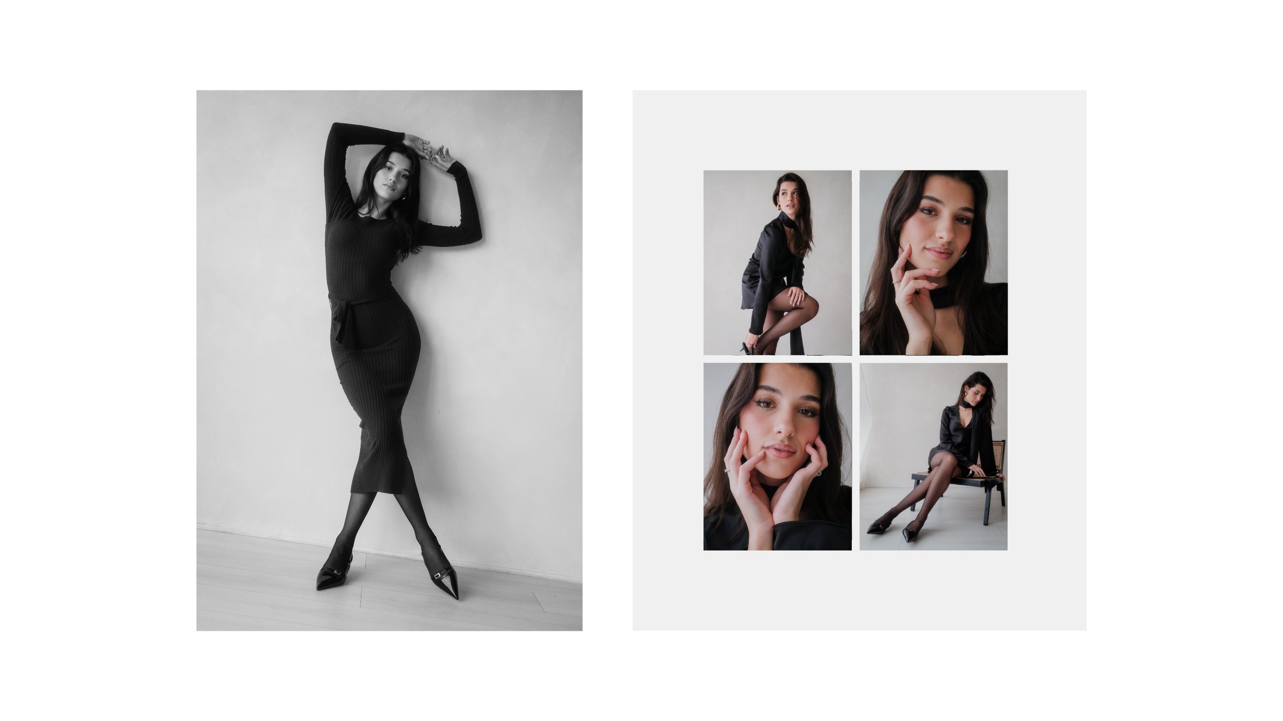 Studio fashion editorial featuring a woman wearing a fitted black dress and heels, photographed in a minimalist white space with full-body poses and close-up portraits that highlight elegant styling and natural expression.