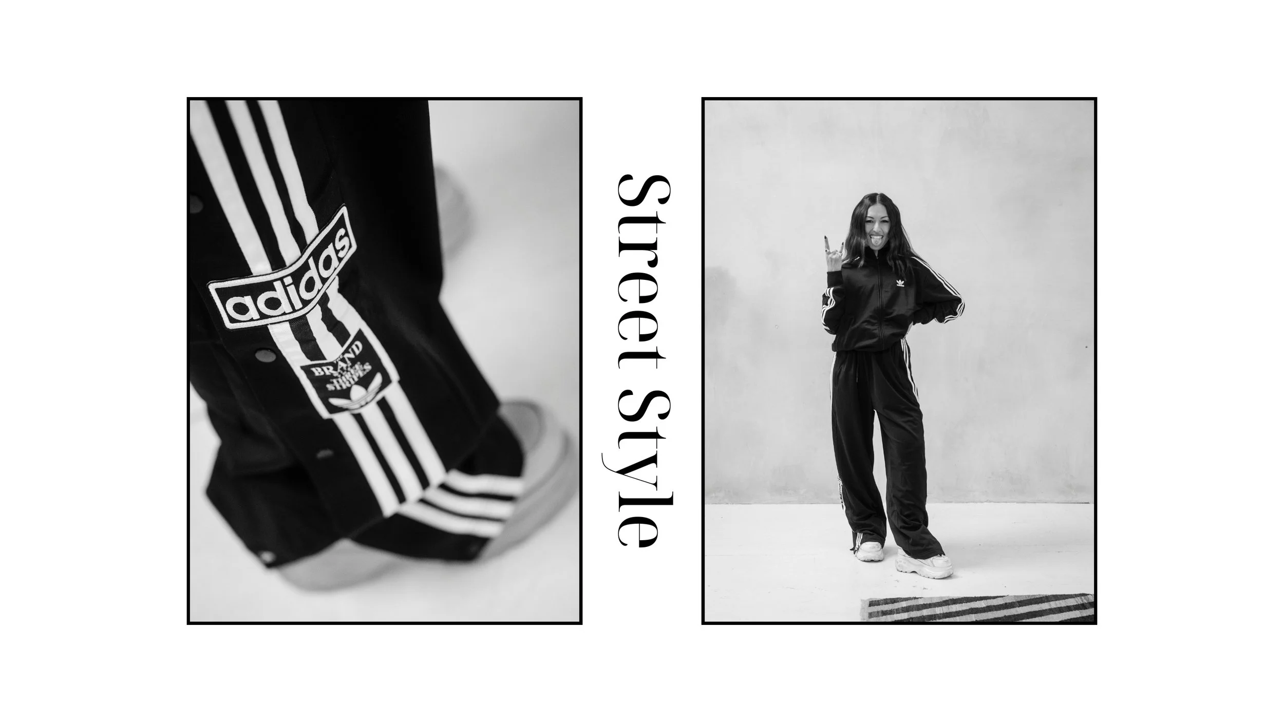 Black and white street style editorial showing a female model wearing an Adidas tracksuit, including a close-up of the branded stripe detailing and a full-length portrait of the model posing playfully in a minimalist studio setting.