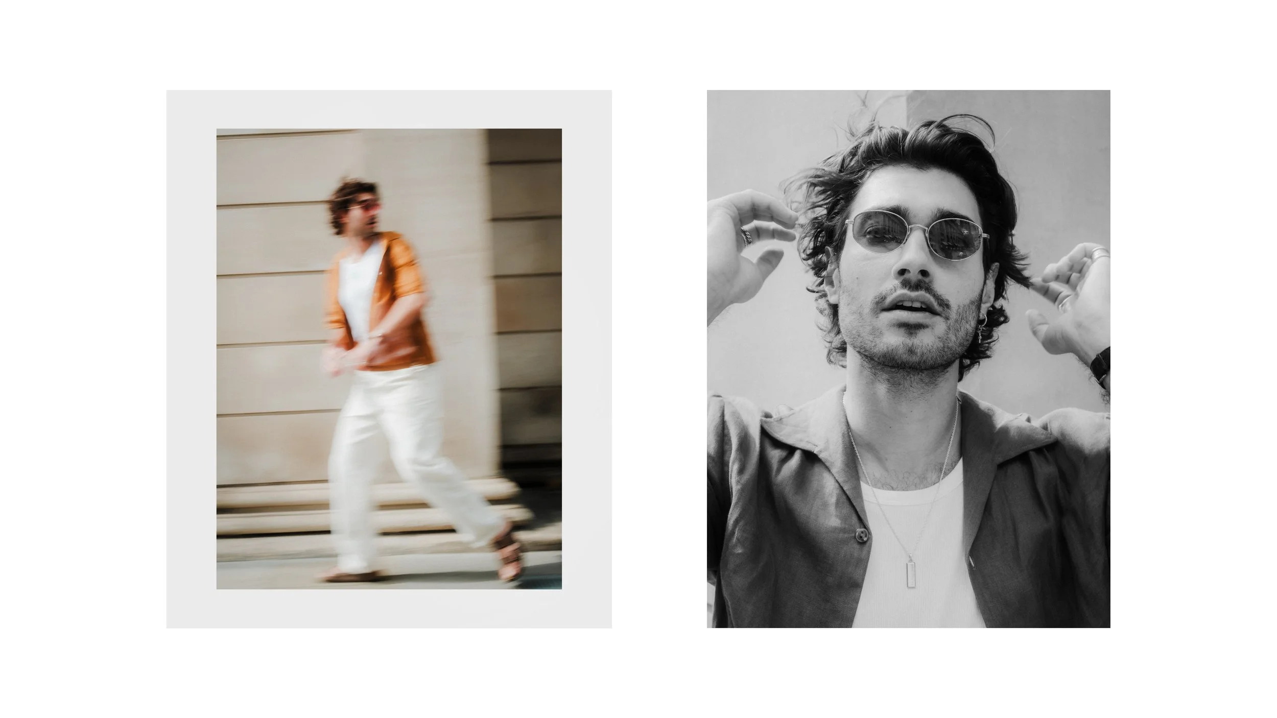 Men’s fashion editorial featuring a male model in relaxed contemporary clothing, with a blurred motion shot and black and white portrait