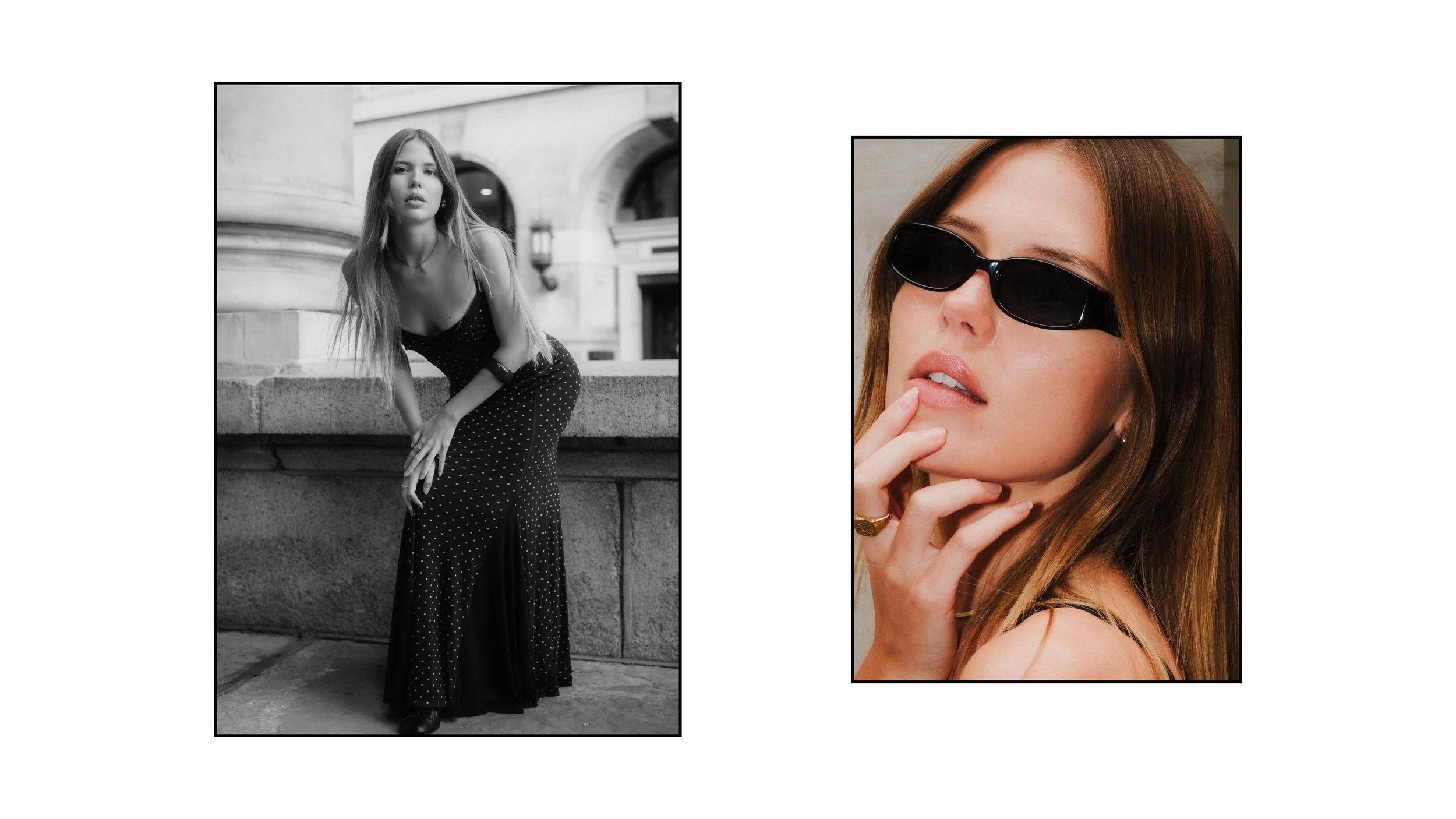 Women’s fashion editorial featuring a model in black sunglasses and a polka dot evening dress, combining a close-up portrait with a black and white full-length image