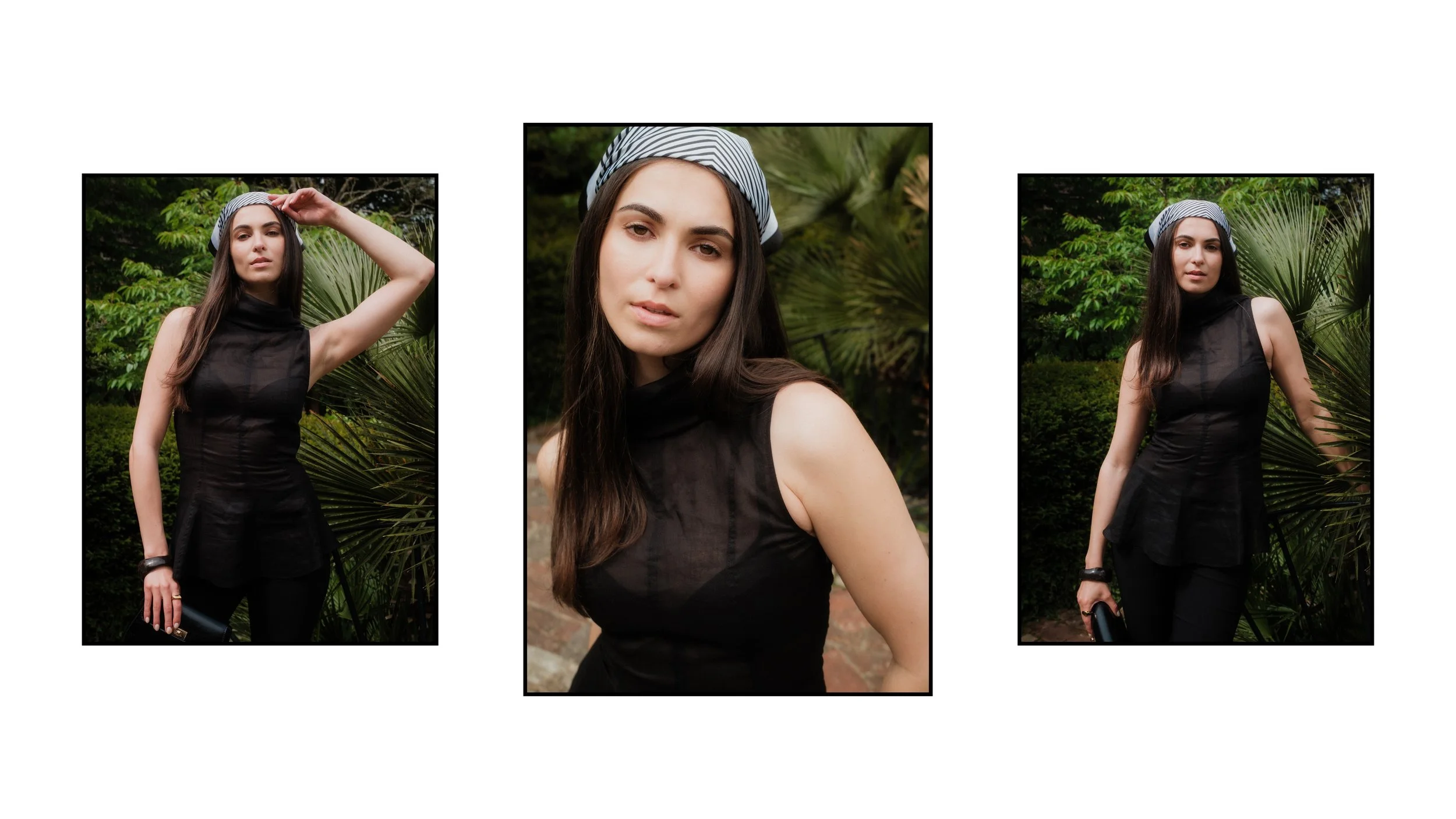 Editorial fashion portraits of a woman wearing a black sheer sleeveless top and striped headscarf, photographed in a lush garden setting with natural light and contemporary styling.