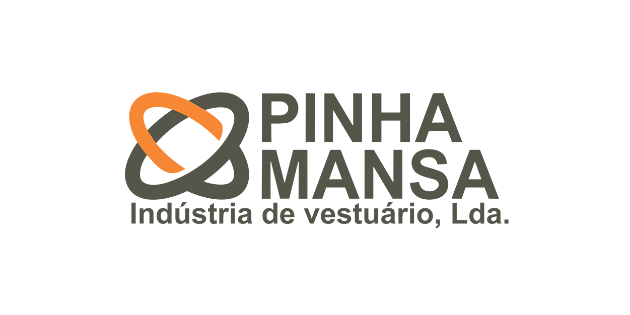 Logotipo da Pinhamansa Indústria de Vestuário, Lda., com um símbolo composto por formas curvas entrelaçadas de cor laranja e cinza ao lado do nome da empresa.