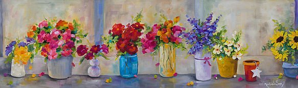 "Desfile de flores". Óleo sobre tela, técnica Alla prima 30 x 100 cm.