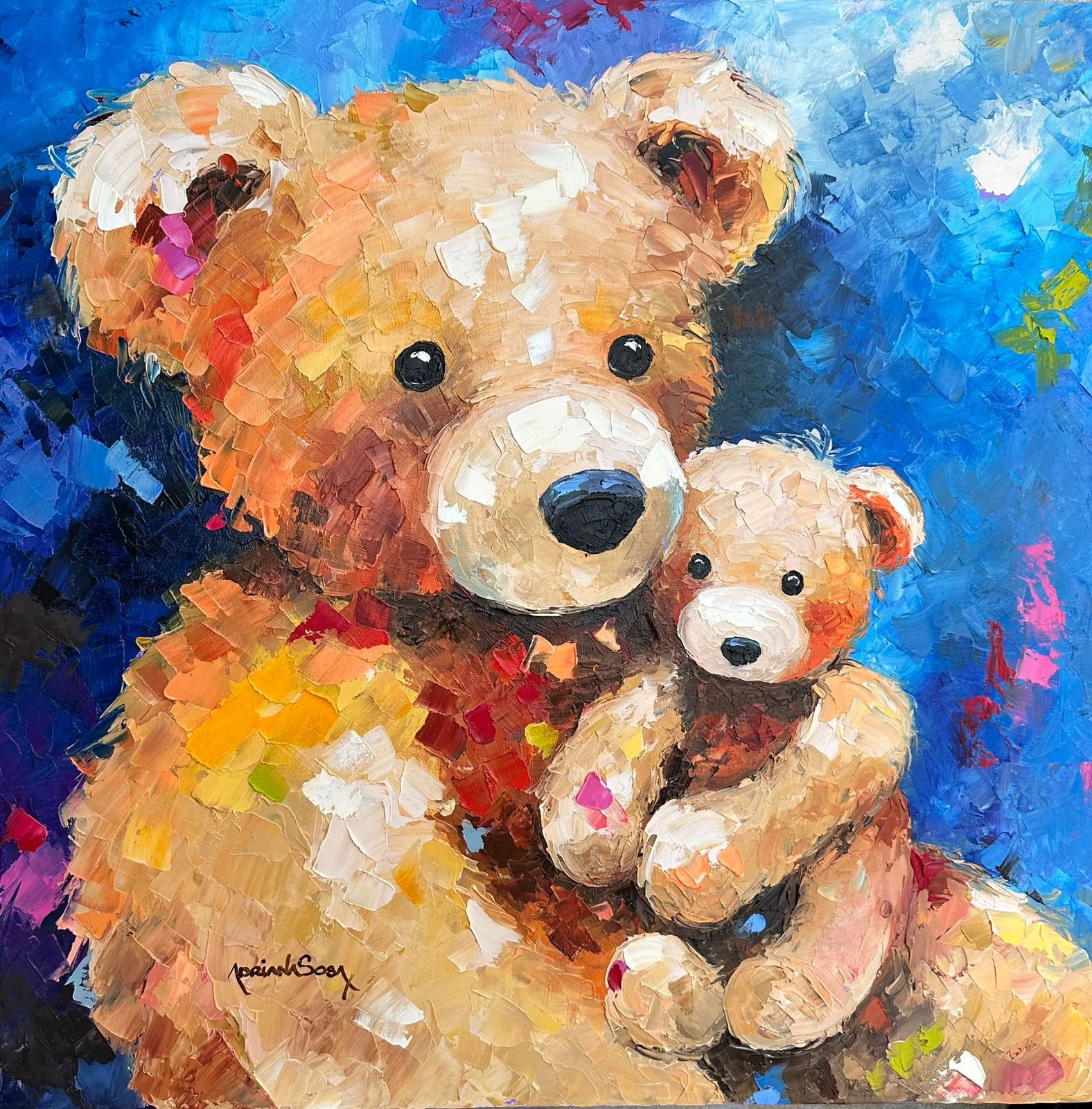 Colección Teddy "Con mamá". Óleo sobre tela, técnica empaste 30 x 30 cm.