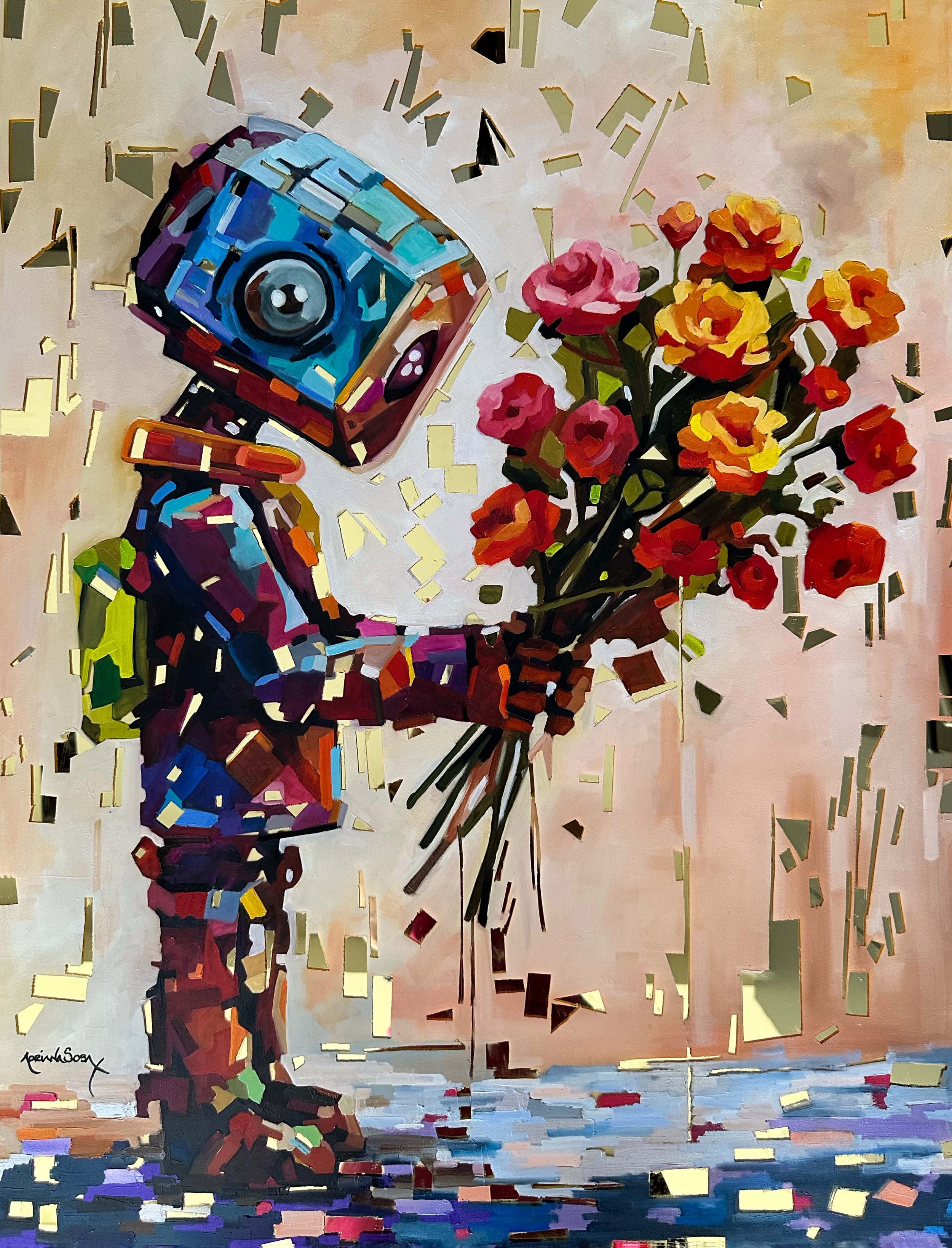 "Detalle robótico". Óleo sobre plexiglas dorado, 60x80 cm. 