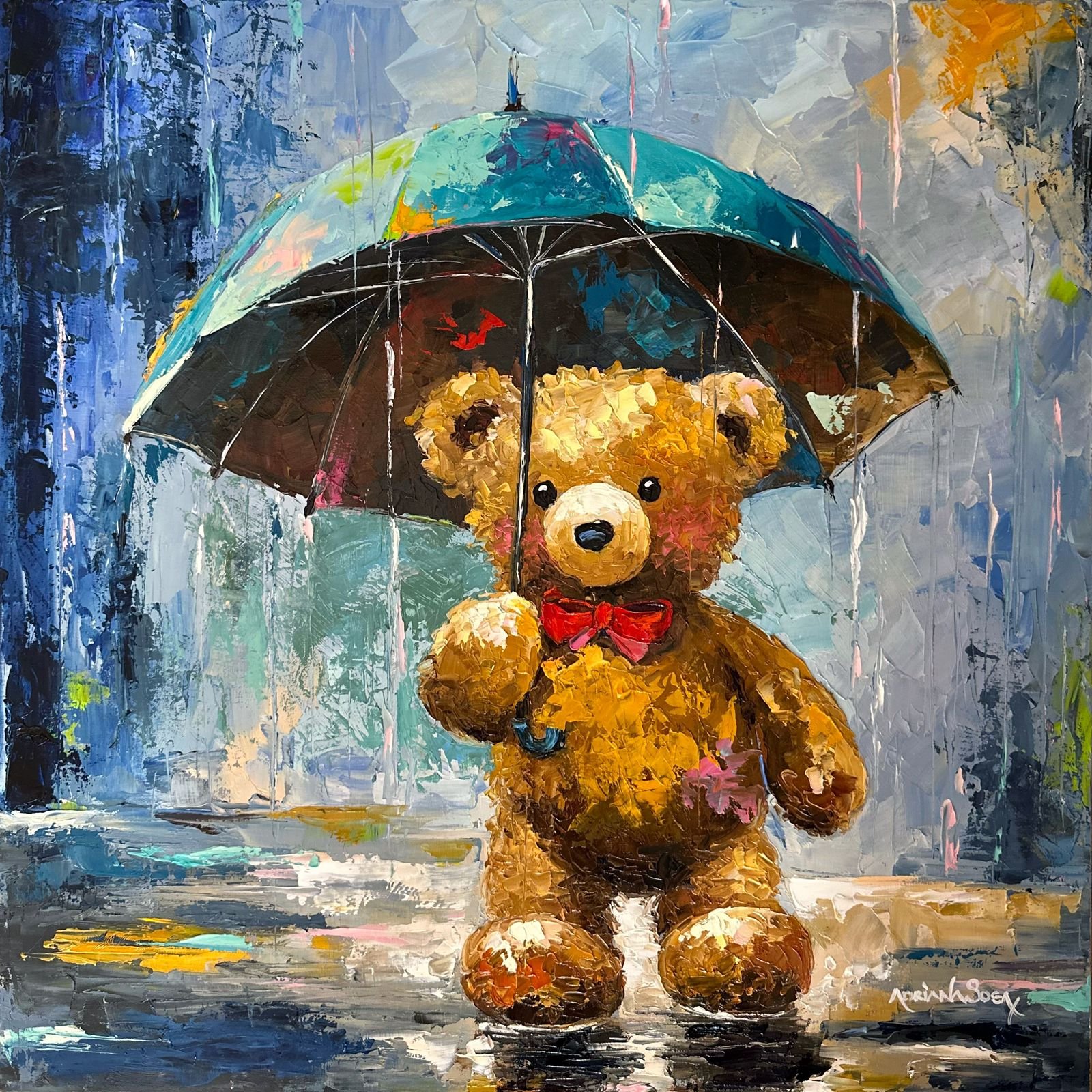 Colección Teddy "Bajo la lluvia". Óleo sobre tela, técnica empaste 30 x 30 cm.