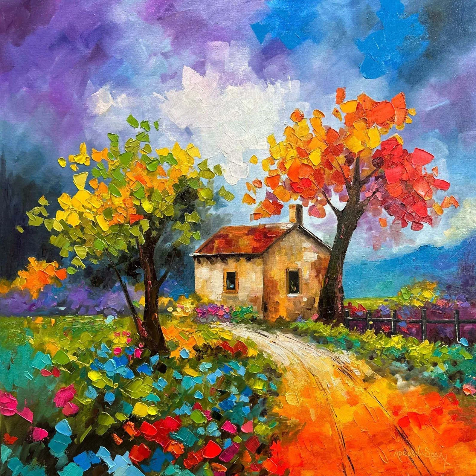 "La casita en el jardín". Óleo sobre tela, técnica espátula, 60x60 cm. 