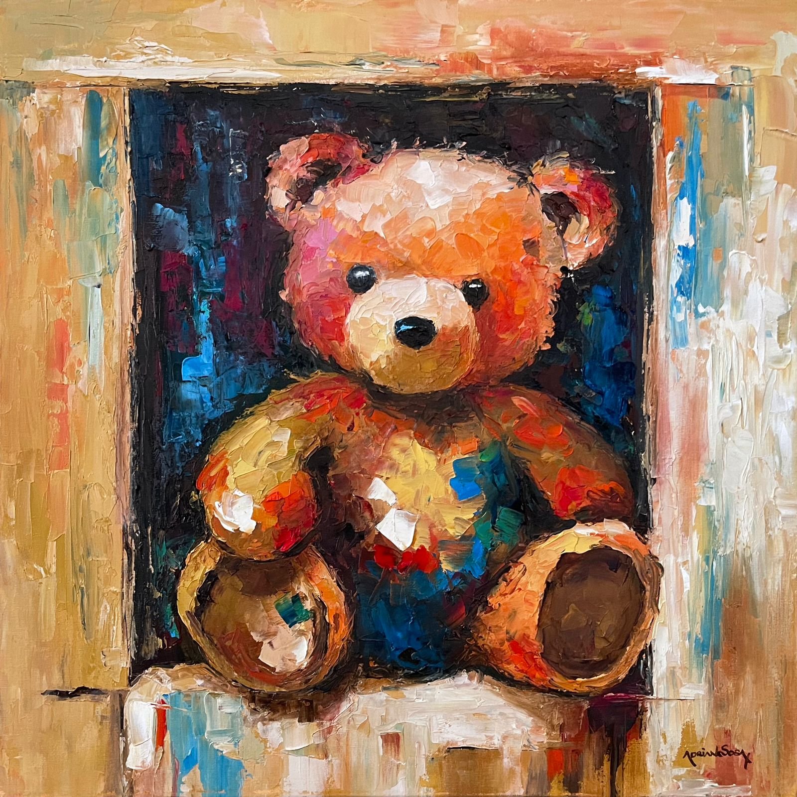 Colección Teddy "Atento". Óleo sobre tela, técnica empaste 30 x 30 cm.
