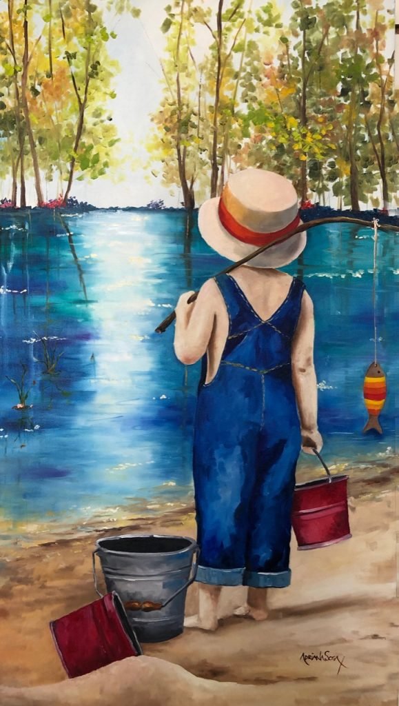 "Niño pescador". Óleo sobre tela 45 x 80 cm.