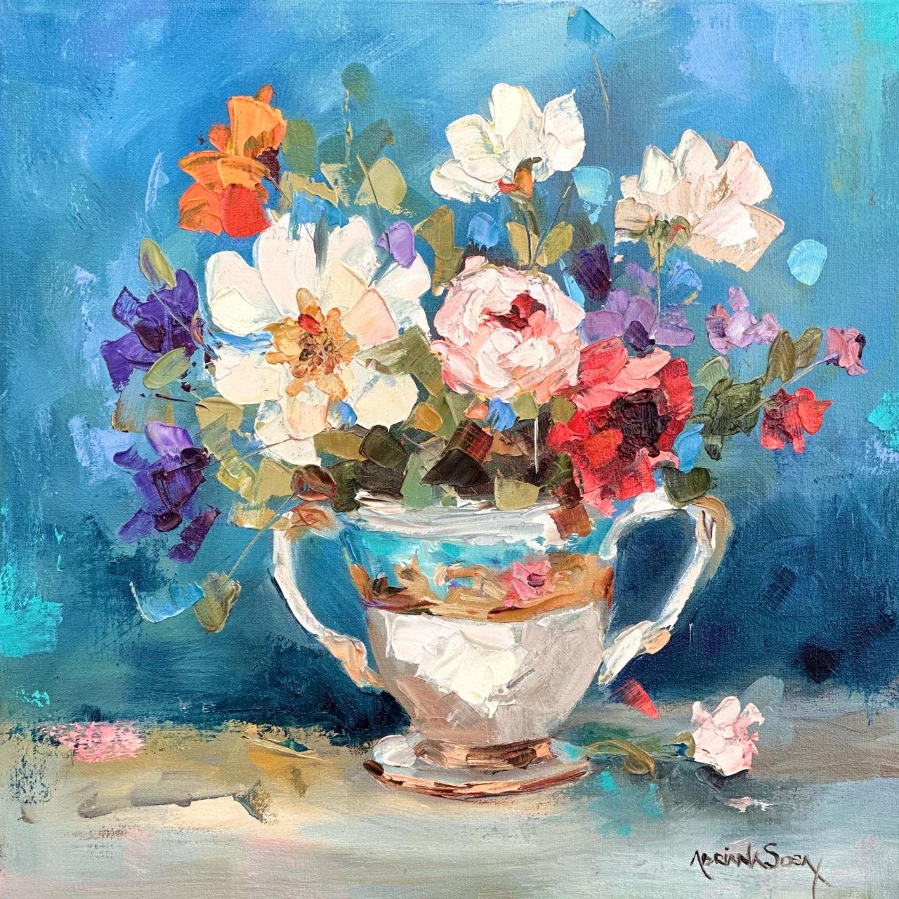 "Tazas de flores D". Óleo sobre tela, técnica empaste 30 x 30 cm.