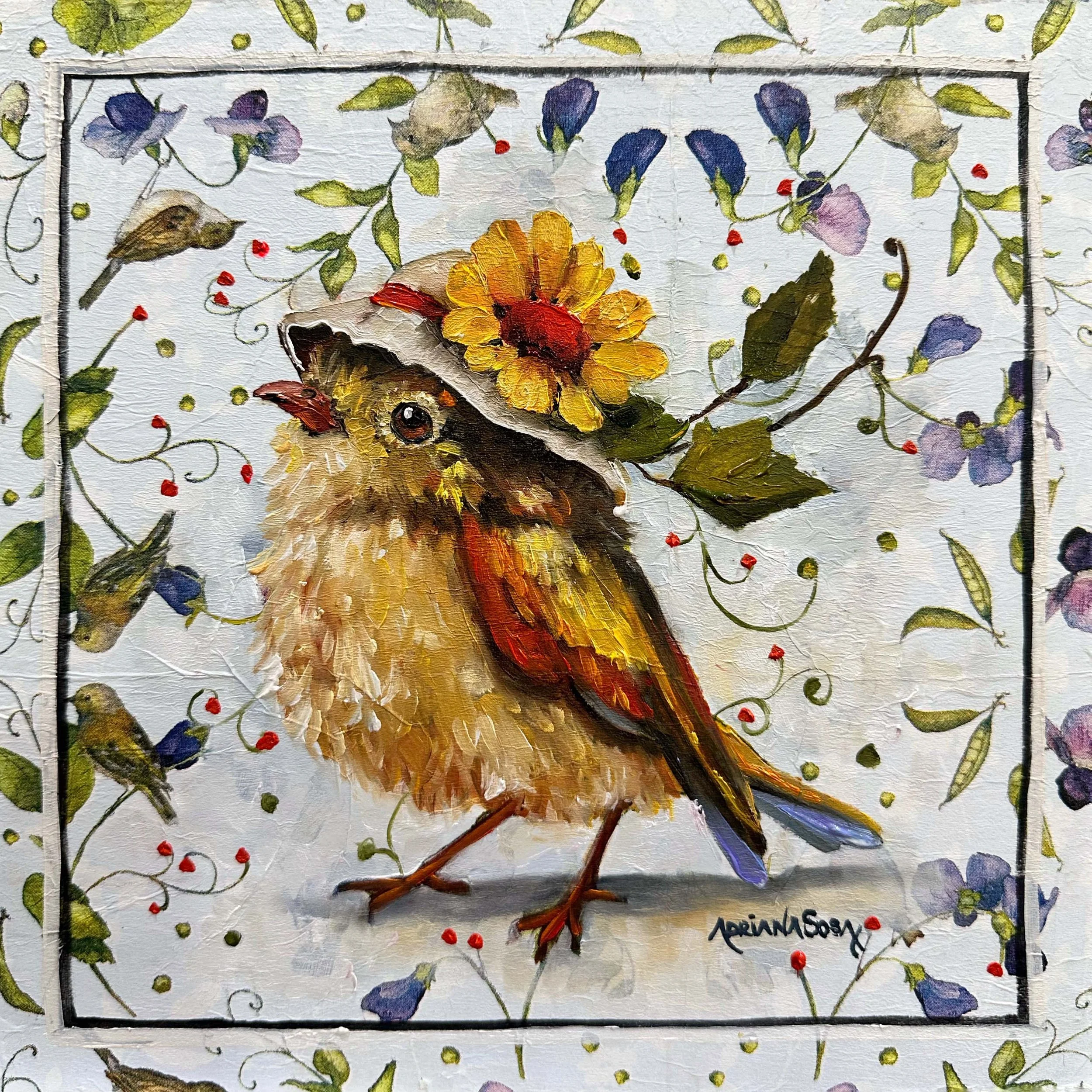 "Pajarraco". Óleo sobre madera y servilleta, 25x25 cm. 